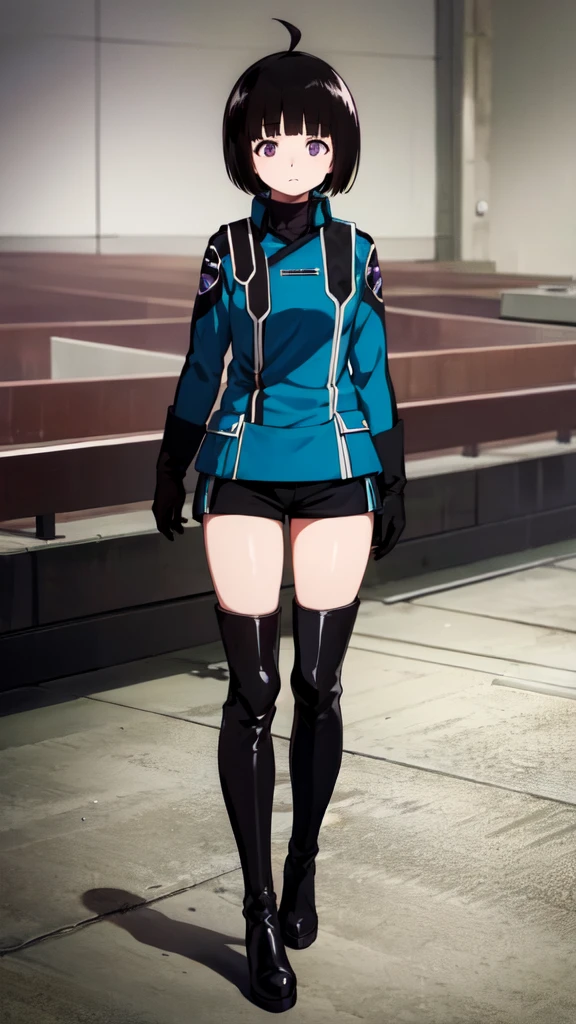 One Girl, alone, amateur_chika, short hair, Black Hair, Blunt bangs, Bobcut, Ahoge, Purple eyes, Long sleeve, Blue jacket, uniform, Black Shirt, turtleneck, Symbolism, Short black shorts, Black boots, carry a long rifle, Cowboy Shot、Thighs、Black thigh-high boots、（（（Black high heels）））whole body, face, high quality, masterpiece, 超High resolution, high quality, Attention to detail, 最high quality, High resolution、Beautiful feet、Long legs、Long legs、Red High Heels、Thighs、