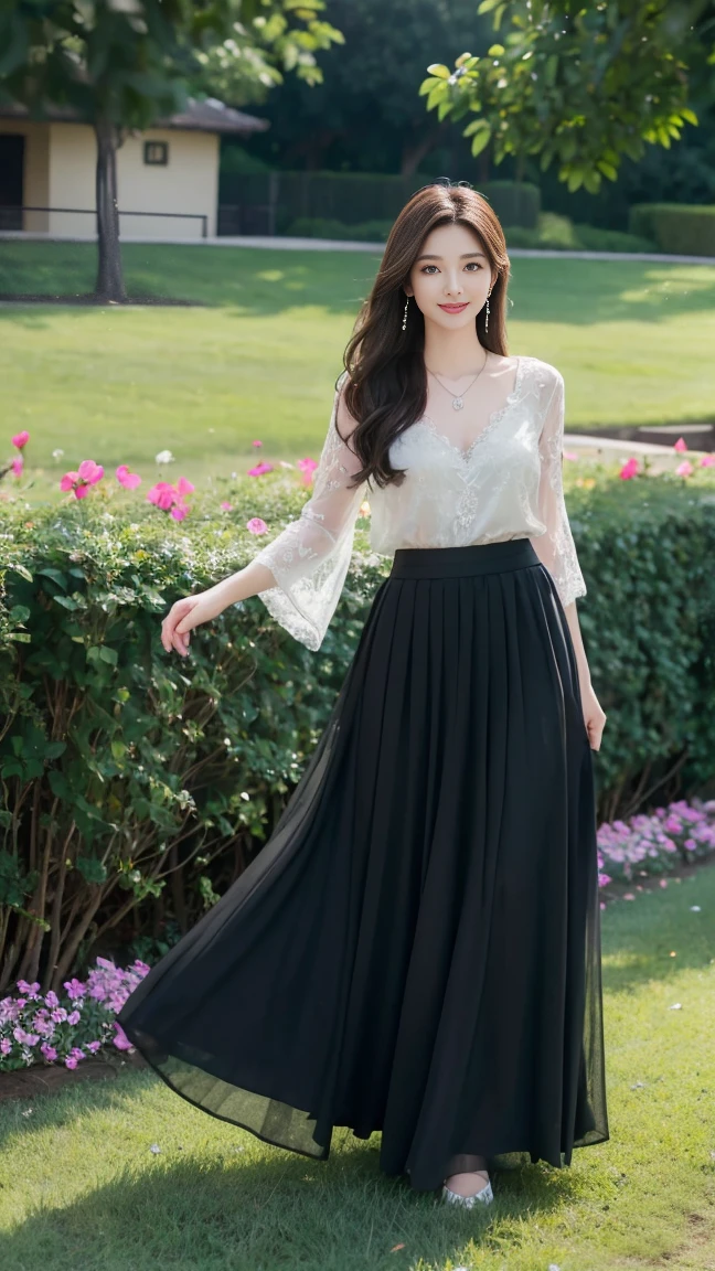 (Highest quality、 8k 、masterpiece、High resolution)、wallpaper、Young Woman、Ample breasts、Beautiful clavicle、Slender beauty、(Brown hair medium、My hair is blowing in the wind、Flows backwards)、whole body、 (Beautiful Face,Beautiful Eyes,Beautiful nose,Pretty lips)、(Flower Earrings、silver heart pendant necklace)、(Feminine Style、3/4 Sleeve Lace Blouse、Black see-through long skirt)、Her mouth opens slightly and a smile appears.、Dynamic pose、Outdoor、garden、Colorful flowers、looking at the camera、Professional Lighting、Professional photographer、