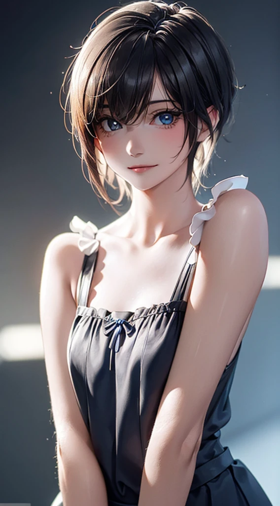 (masterpiece:1.3, Highest quality, Ultra-high resolution, Super detailed), (Realistic:1.1, photoRealistic:1.4), Beautiful illustrations, Perfect lighting, colorful, Depth of written boundary, Beautiful detailed hair, Beautifully detailed face, Beautiful attention to detail, Beautiful clavicle, Beautiful body, (Beautiful small breasts), Beautiful thighs, Beautiful feet, Beautiful fingers, View your viewers, 1 girl, Japanese, high school girl, Perfect Face, (Perfect Anatomy, Anatomically correct), Cute and symmetrical face, Baby Face, Sunburn, Glowing Skin, (short hair:1.5, Bobcut:1.2, Ash Blonde Hair), Hair between the eyes, blue eyes, Long eyelashes, thin, (Pale pink dress, Black tank top, White Skirt), (Are standing), (Cute smile,, Close your mouth),
