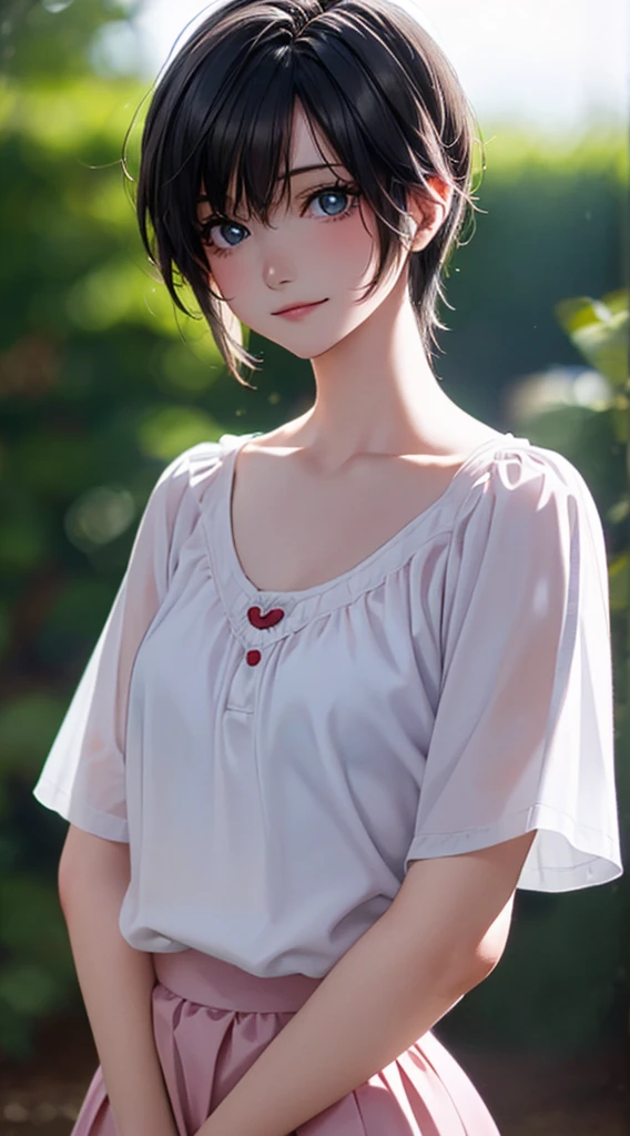 (masterpiece:1.3, Highest quality, Ultra-high resolution, Super detailed), (Realistic:1.1, photoRealistic:1.4), Beautiful illustrations, Perfect lighting, colorful, Depth of written boundary, Beautiful detailed hair, Beautifully detailed face, Beautiful attention to detail, Beautiful clavicle, Beautiful body, (Beautiful small breasts), Beautiful thighs, Beautiful feet, Beautiful fingers, View your viewers, 1 girl, Japanese, high school girl, Perfect Face, (Perfect Anatomy, Anatomically correct), Cute and symmetrical face, Baby Face, Sunburn, Glowing Skin, (short hair:1.5, Bobcut:1.2, Ash Blonde Hair), Hair between the eyes, blue eyes, Long eyelashes, thin, (Pale pink dress, Black tank top, White Skirt), (Are standing), (Cute smile,, Close your mouth),