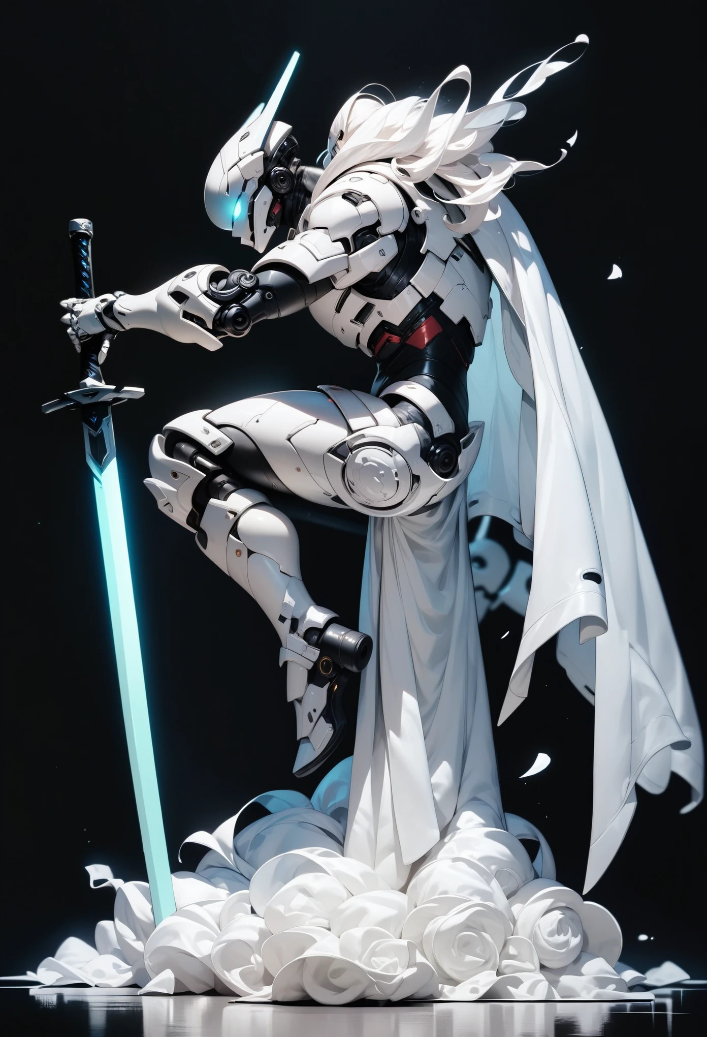 1 boy, alone, profile, simple background, white armor, white glowing eyes, full body, light armor, white hair, cyberpunk, sword pointing at the ground, white cape, holding a sword stuck in the ground, sword with white and black engravings, black background, full white armor, white futuristic helmet, epic pose, tight armor, dark aura, white mechanical arm, side view