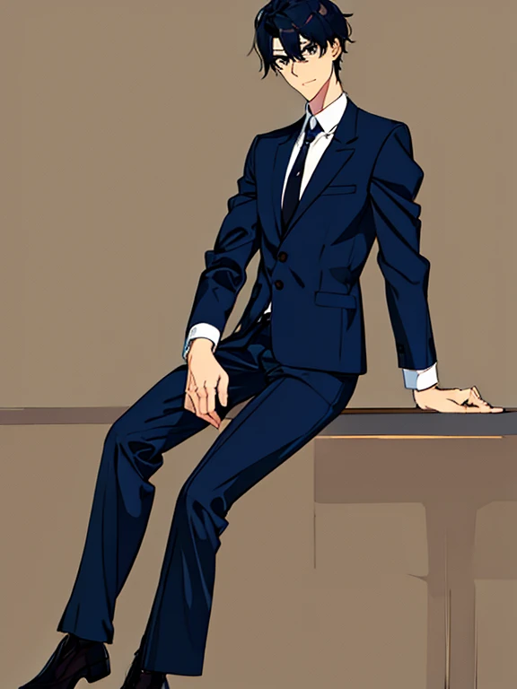 high quality, man, short hair, black hair, black eyes, black eyes, shiny skin, tall, skinny, suit, necktie, beauty mark, 20-year-old、full body,handsome、Good-looking-guy