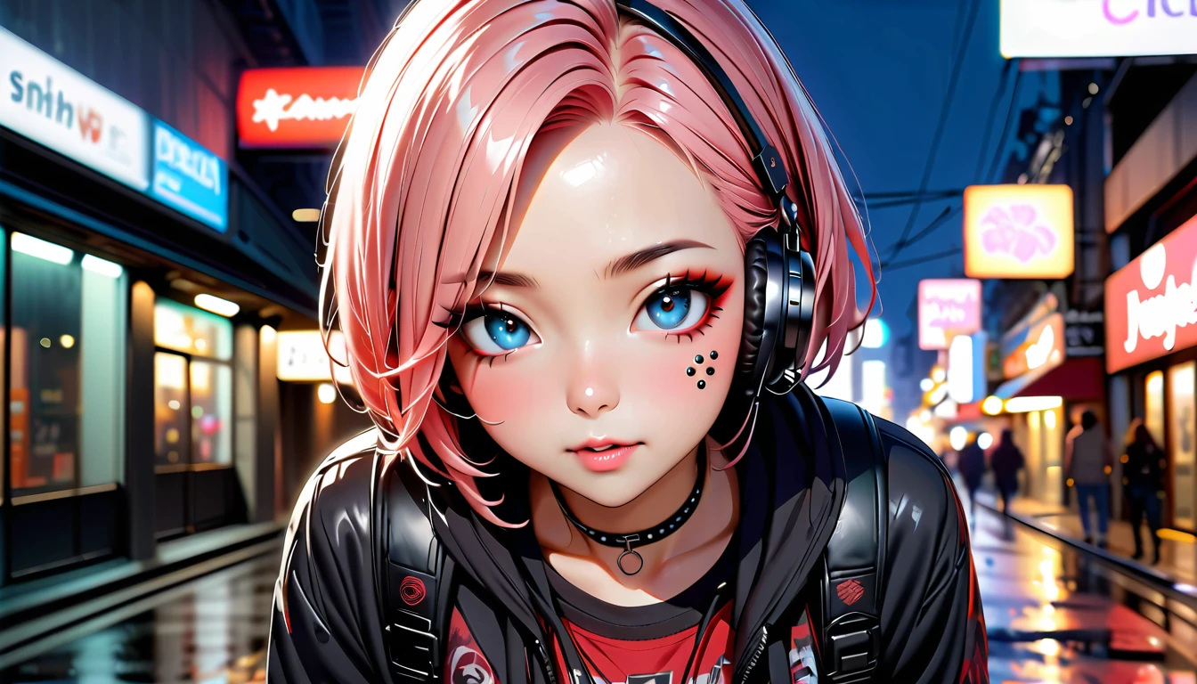 (Highest quality、8k、32K、masterpiece、Hmph:1.3)、(Photorealistic:1.4),(Shoot from the front,View Viewer 1.5)、18-year-old punk girl,Unusual short punk hair,(Multiple facial piercings 1.5)、((Black and shocking red punk fashion 1.5)),Clothes with studs、Black backpack on the back、(A person with bright black and pink hair.5),Wacky makeup、、Dark Background、A desolate town soaked in rain、Puddles on the road、(Cinema Lighting)、Written boundary depth,Blurred Background、(Headphones)