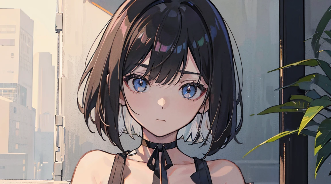(Bob Cut Hair:1.2),(Put on a choker, Wearing a black Blythe:1.2),1 girl,Japanese,21 years old,(Small breasts:1.3),(Highest quality,masterpiece:1.3,超A high resolution,),(Ultra-detailed,Caustics),(Photorealistic:1.4,RAW shooting,)Ultra-Realistic Capture,Very detailed,High resolution 16K human skin close-up。 Natural skin texture、,Pores、、It needs to be detailed enough to be easily identifiable。 Skin should be even-toned and healthy looking。 Use natural light and colour, Sad expression, Looking at the camera, Perfect dynamic composition, Outdoor