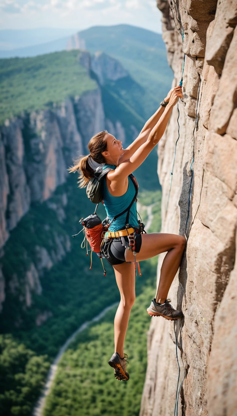 Realistic photography, sport photography, full body shot,  dynamic shot, woman, extreme mountain climbing, hanging high in air on cliff, holding with hand vertically wall of mountain, summer,  , fast capture photo, motion blur, shallow depth of field, bokeh, 8k, film grain, made by dslr