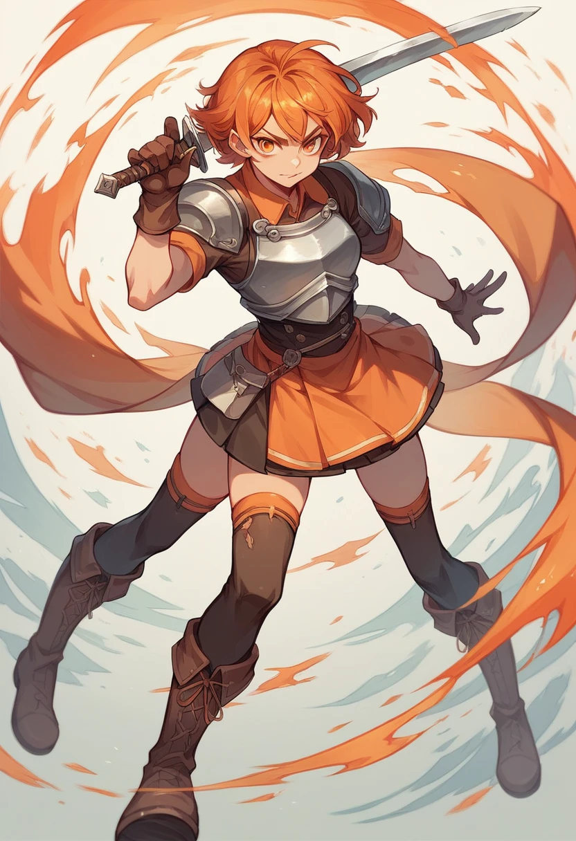 girl, orange medium hair, her has one sword on her right hand, wear white breastplate from iron, wear brown mini skirt, wear boots of clove dye color, has orange eyes, trying to slash