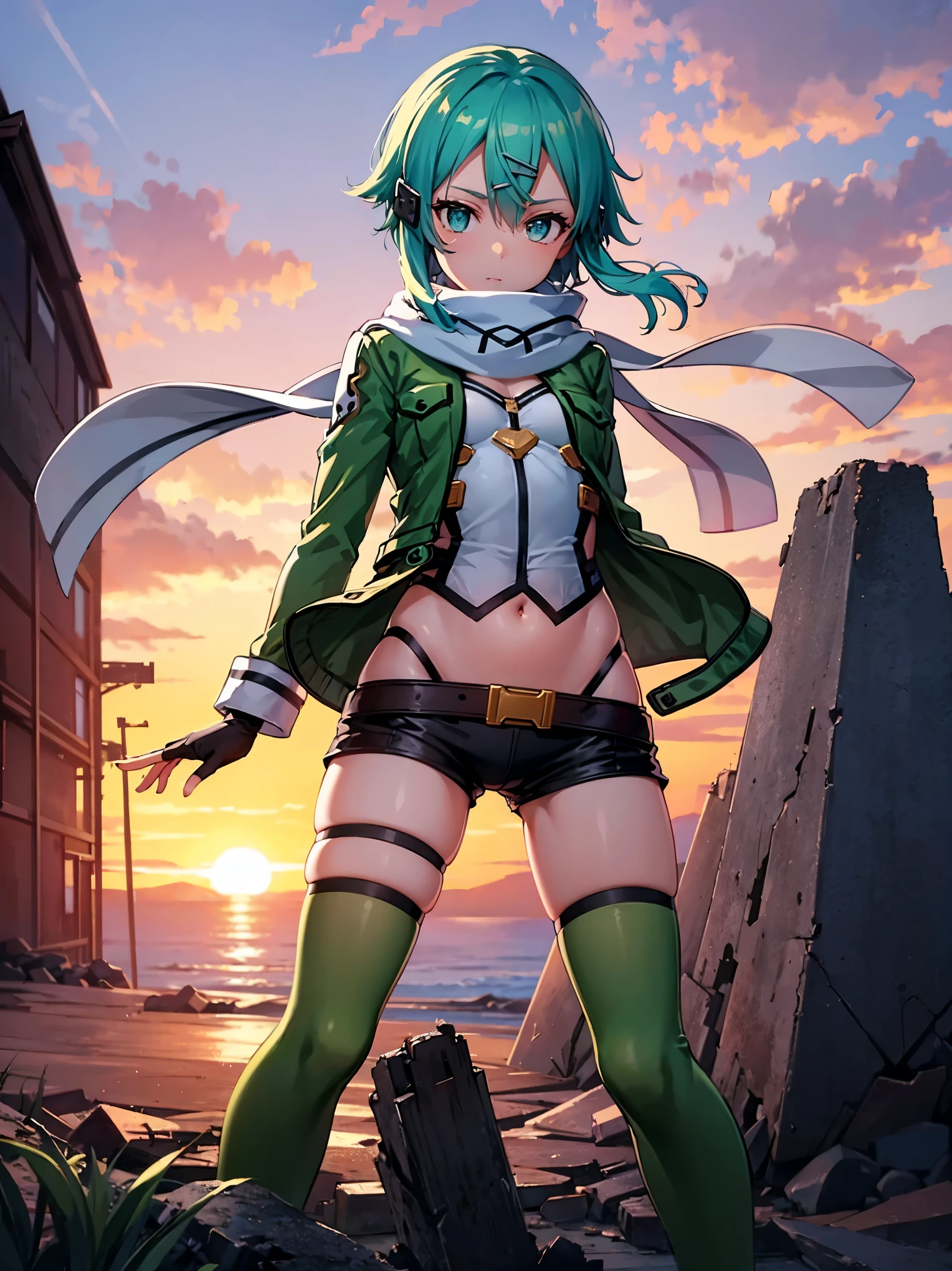 (masterpiece), best quality, expressive eyes, perfect face, highres, sinon1, scarf, fingerless gloves, long sleeves, short shorts,groin, hair ornament, hairclip, green thighhighs, green jacket,covered_nipples, thigh strap, field, sunset_ruins_landscape_background, ruined structures, dynamic_posing, looking at the viewer,,covered_navel,