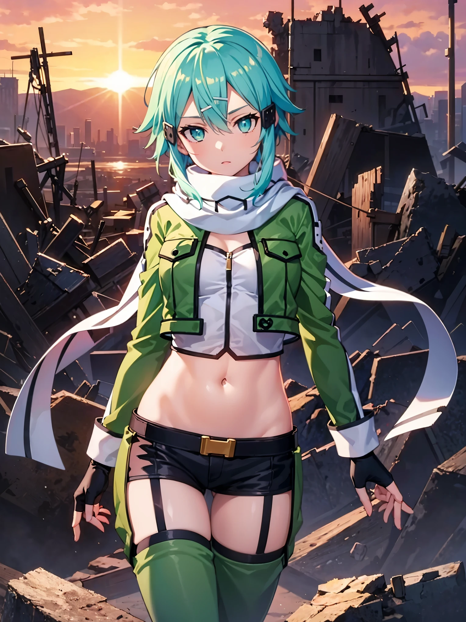 (masterpiece), best quality, expressive eyes, perfect face, highres, sinon1, scarf, fingerless gloves, long sleeves, short shorts,groin, hair ornament, hairclip, green thighhighs, green jacket,covered_nipples, thigh strap, field, sunset_ruins_landscape_background, ruined structures, dynamic_posing, looking at the viewer,,covered_navel,