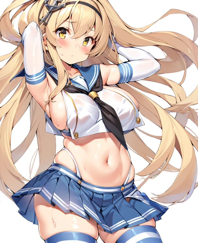 rensouhou-chan, shimakaze (kancolle), 1girl, solo, long hair, breasts, looking at viewer, blush, skirt, blonde hair, large breasts, simple background, hair ornament, thighhighs, gloves, white background, navel, hair between eyes, closed mouth, underwear, , collarbone, yellow eyes, pleated skirt, hairband, serafuku, sleeveless, elbow gloves, striped, white gloves, miniskirt, sailor collar, blue skirt, crop top, wet, neckerchief, sideboob, skindentation, highleg, black hairband, blue sailor collar, striped thighhighs, alternate breast size, microskirt, black neckerchief, anchor hair ornament