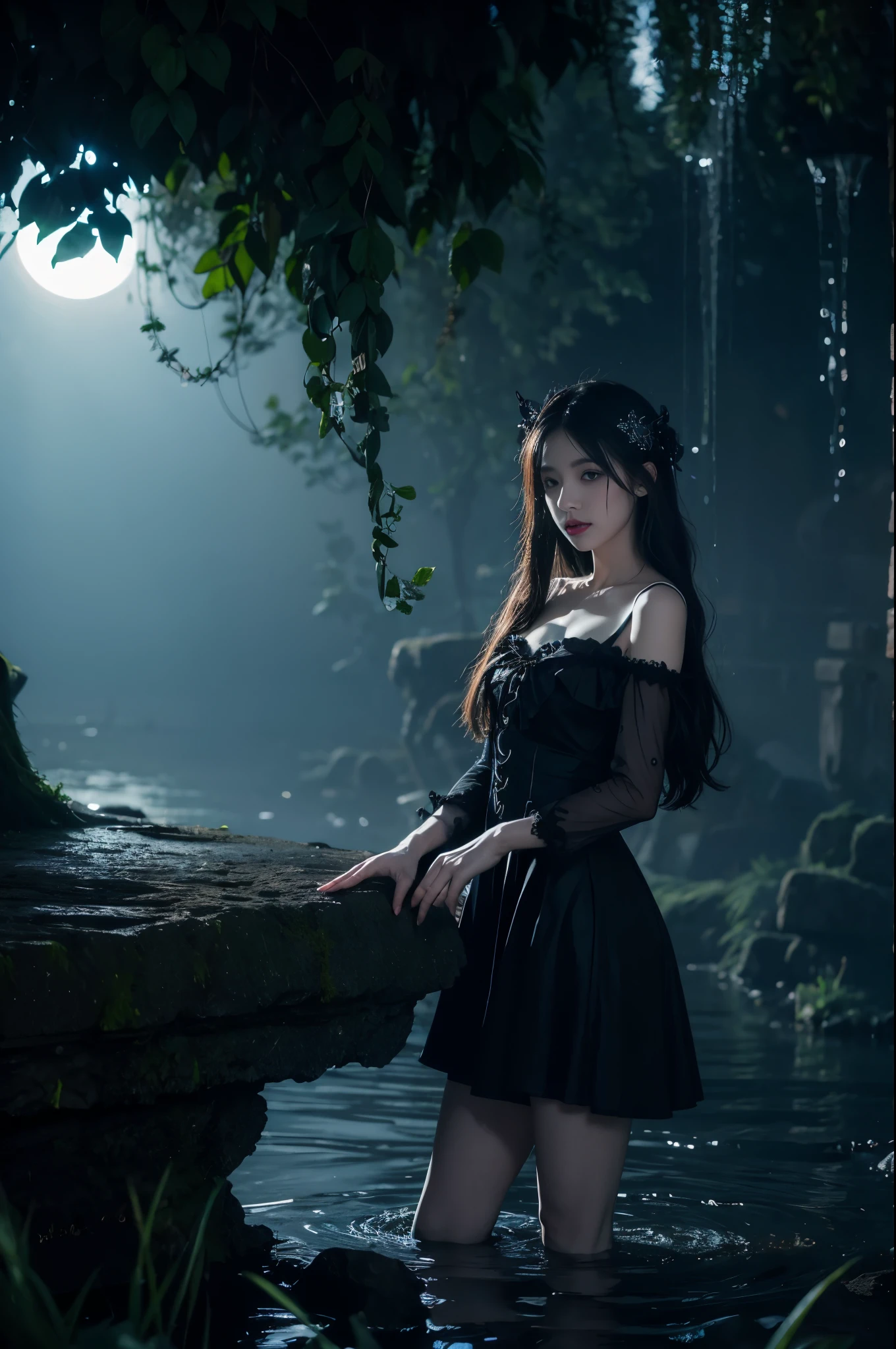 edgGD wearing edgGD goth dress in the depths of wonderland，Moonlight falls like water，Foggy Room，The heroine&#39;s figure is vaguely visible，Like a fairy in a painting，Slender sexy legs，Very beautiful legs，Large Breasts，Visible cleavage，美丽而又带着一丝mystery的色彩。Her face is beautiful and delicate，Showing extraordinary beauty。Twinkling Stars，Show the light of perseverance and wisdom。The bridge of the nose is straight，Cherry lip color，The slightly upturned corners of the mouth reveal confidence and calmness。Clearly defined face，Skin like jade，Reveal healthy glow，Just like fairies, Her makeup is light and delicate，No excessive embellishment，Show her temperament and charm。Light foundation highlights the translucence of the skin，A light eyebrow pencil outlines her perfect eyebrow shape，Eye makeup is eye shadow and eyeliner，Make her eyes brighter、Energetic。嘴唇涂上grace的口红，Add a touch of charm and sophistication。Clothes fluttering。Hair tied haphazardly behind the head，Secure with a jade hairpin，A few strands of hair fluttering gently in the wind，Add a touch of softness。Beautiful landscape，Attracted everyone&#39;s attention。Large Breasts美丽、grace、mystery、Full of power。