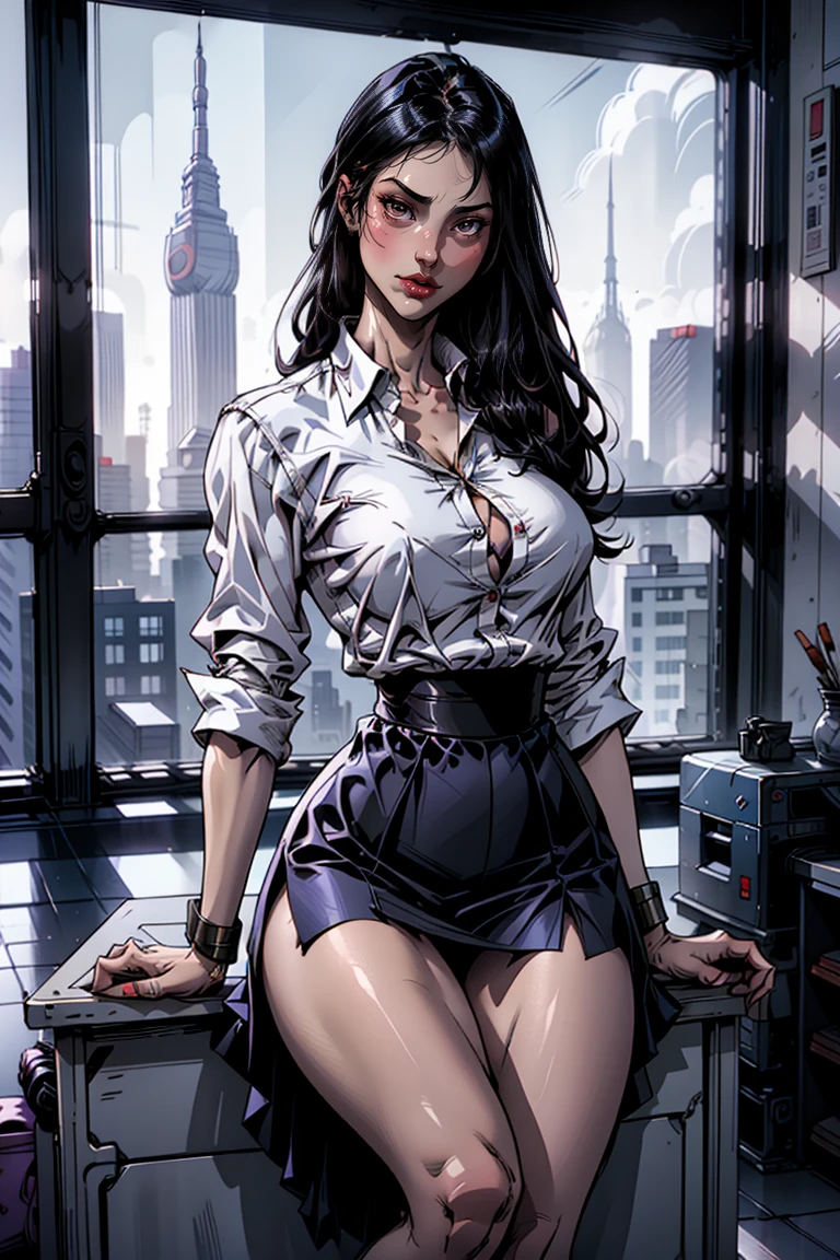 POV looking at an Asian woman, wearing short skirt, shackles, without wearing shoes, without shoes, fitted button-down shirt , Glasses, big , open legs、upskirt, sitting at the desk, looking at cell phone in hand, modern office, huge windows. urban landscape, smiling,