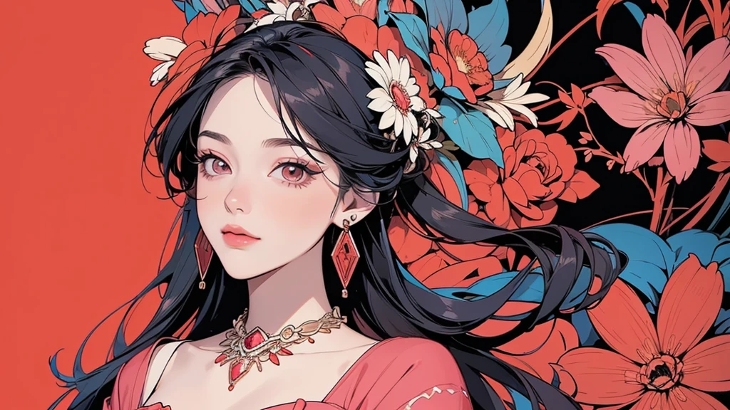 32K, 最高quality, 最高masterpiece, (ultra-Detailed Background, Detailed Background), High resolution, Super detailed, Very detailedな, One girl, (bouquet:1.3), (Tangled:1.2), (Geometric:1.2),(colorful),(masterpiece, quality, best quality, Official Art, Beautiful and beautiful:1.2), (1 girl:1.3), Very detailed,(colorful:1.1)(Flowers:1.3),Most detailed,(Tangled:1.2), whole body, (Abstract background:1.3), (Skin glows), (Many colors:1.4), ,(Earrings Jewelry:1.5), Pale Red Background,