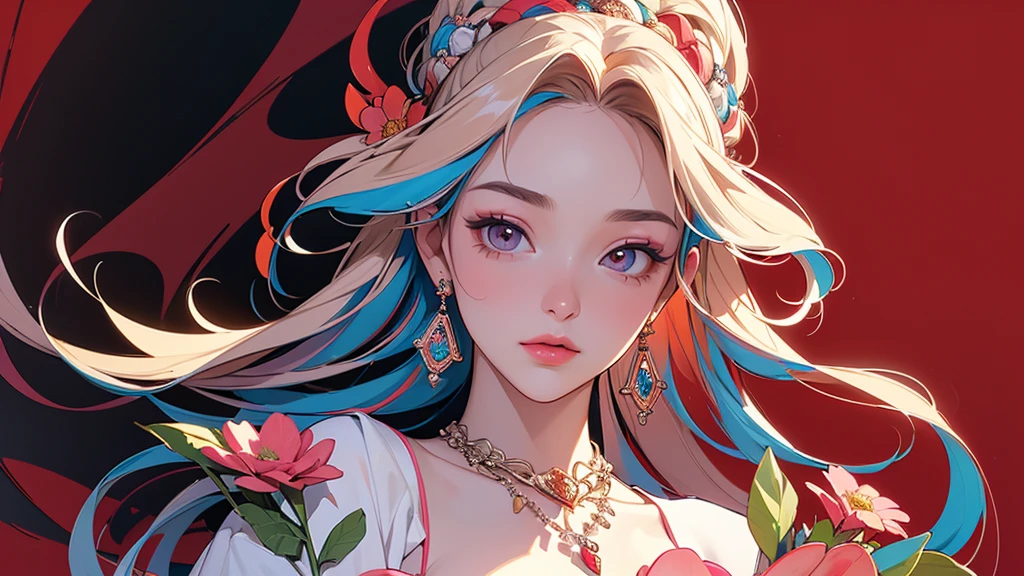 32K, 最高quality, 最高masterpiece, (ultra-Detailed Background, Detailed Background), High resolution, Super detailed, Very detailedな, One girl, (bouquet:1.3), (Tangled:1.2), (Geometric:1.2),(colorful),(masterpiece, quality, best quality, Official Art, Beautiful and beautiful:1.2), (1 girl:1.3), Very detailed,(colorful:1.1)(Flowers:1.3),Most detailed,(Tangled:1.2), whole body, (Abstract background:1.3), (Skin glows), (Many colors:1.4), ,(Earrings Jewelry:1.5), Pale Red Background,