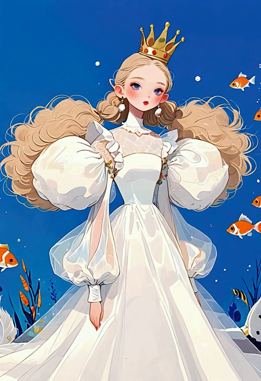 Pastel Art：1 beautiful and elegant girl，Elf ears，Golden crown，(((Puffy Tulle Dress，Exaggerated sleeves，Fluffy，FluffyWhite薄纱)))，Colorful fish，White+blue+orange color