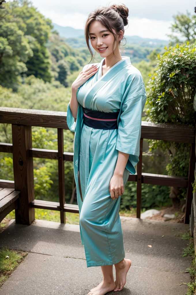 standing(1:3), messy bun,Highest quality,master piece,incredibly absurdres,high resolution,lens flare,dynamic angle,a girl, one girl,solo focus,alone,full body,perfect anatomy,8k,a girl, one girl,solo focus,alone,Japanese women,Age 25,smile,teeth,smile,Beautiful eyes,Model-like style,,Large Breasts,valley,Wearing green furisode,furisode,A shrine with beautiful nature in the background,a girl