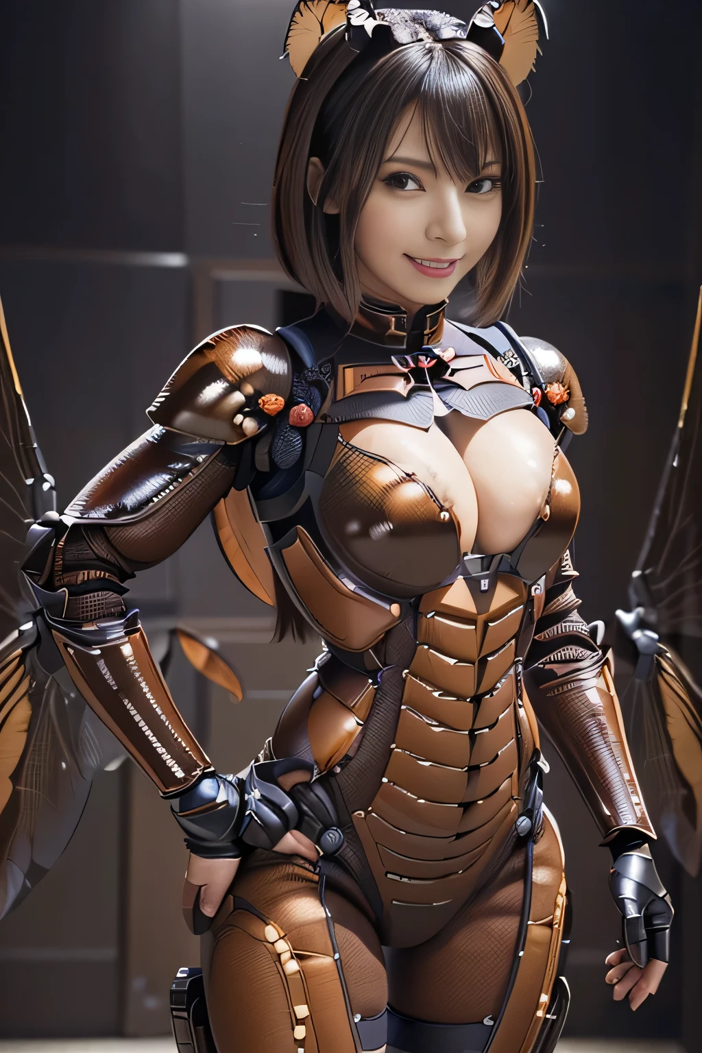 (high resolution,masterpiece,best quality,extremely detailed CG, anime, official art:1.4), realistic, photo, amazing fine details, all intricate, gloss and shiny,awesome many layers, 8k wall paper, 3d, sketch, kawaii, illustration,( solo:1.4), perfect female proportion,villainess, (fusion of dark brown cockroach and lady:1.4), (brown cockroach form lady:1.2), (brown cockroach lady:1.2), (fusion:1.2), (solo:1.4), (evil smile:1.2), muscular, abs, (cockroach brown exoskeleton bio insect suit:1.4), (cockroach brown exoskeleton bio insect armor:1.2), (brown transparency cockroach wing:1.4), (brown cockroach antennae:1.3),