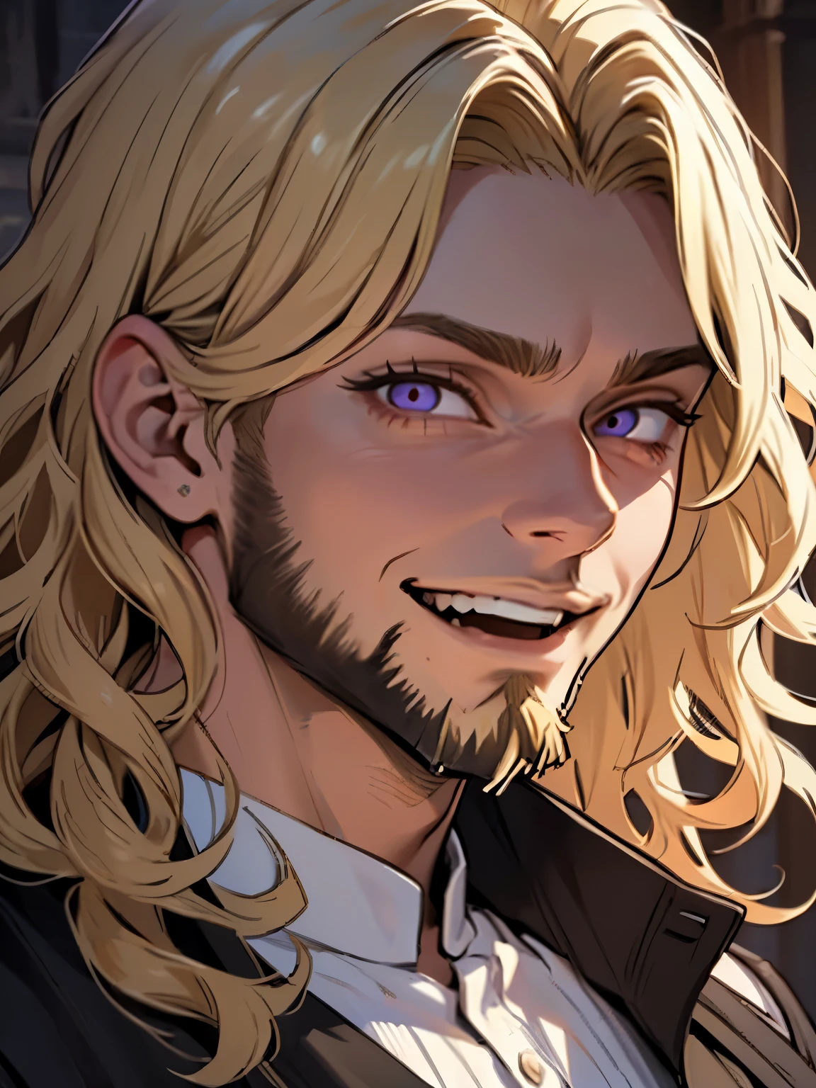 male, late 30s, ((blond, shoulder-length, middle-part wavy hair)), light-purple, deep-set, Sanpaku eyes, (blond beard:1.4), aquiline and hooked nose, slightly underbite, chiseled, slightly long face, medieval European everyday wear, portrait, sadistic smile, evil smile
