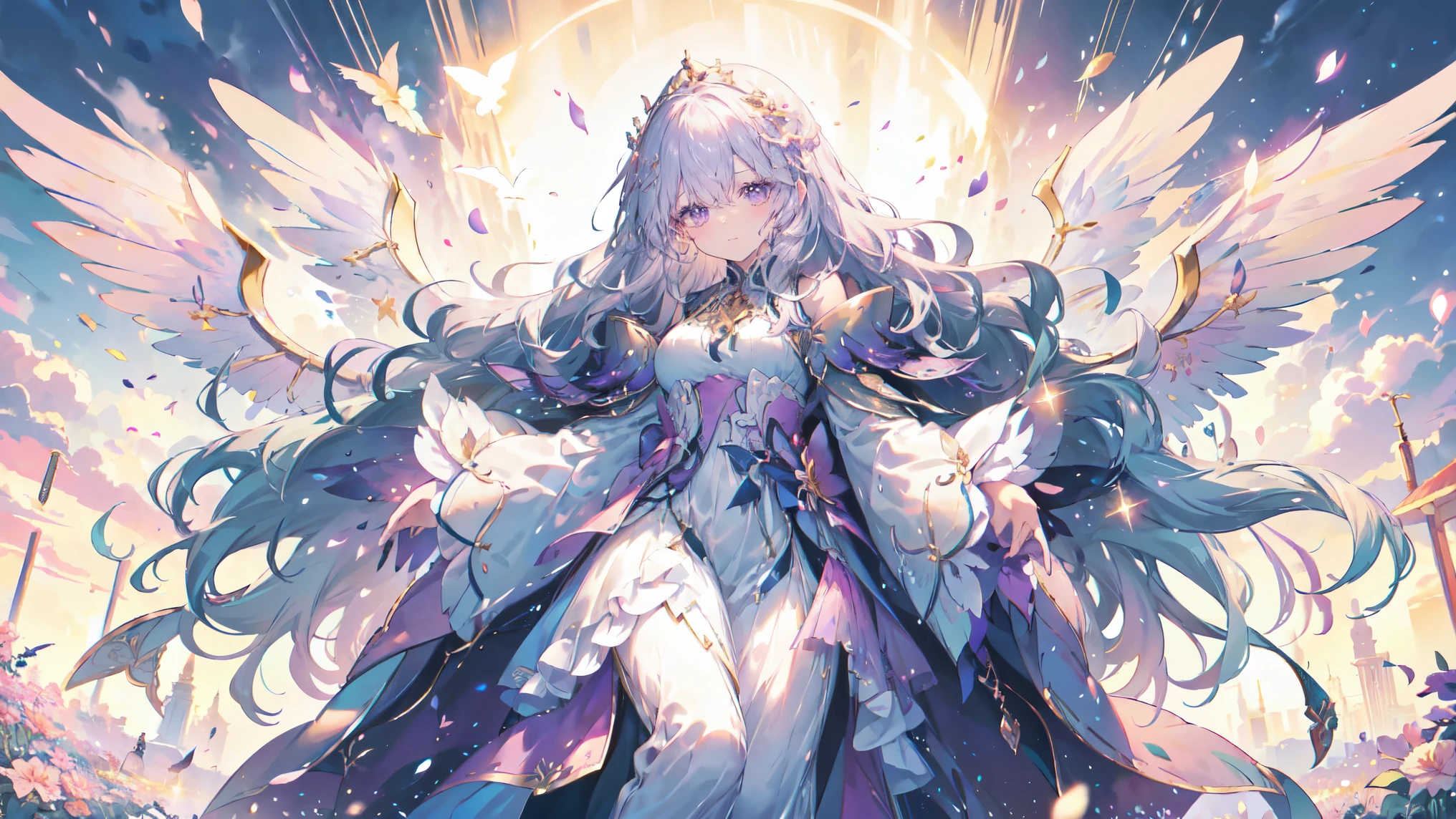 Highest quality, Very detailed, beautiful, Exquisite, 16K, Full HD,(garden,Please 寝る on your side),((Sparkly and soft layered dress)),A large and beautiful dress inspired by rose flowers,Flower storm,Frills,(Art Station, Fantasy art:1.2), pastel colour、Gradient Hair, tiara,anklet,Purple eyes, Long eyelashes, beautiful ,Pale pink cheeks,Golden Hour, Dazzling Light, Warm lighting,Bright light,Romantic light,tiaraを身につける