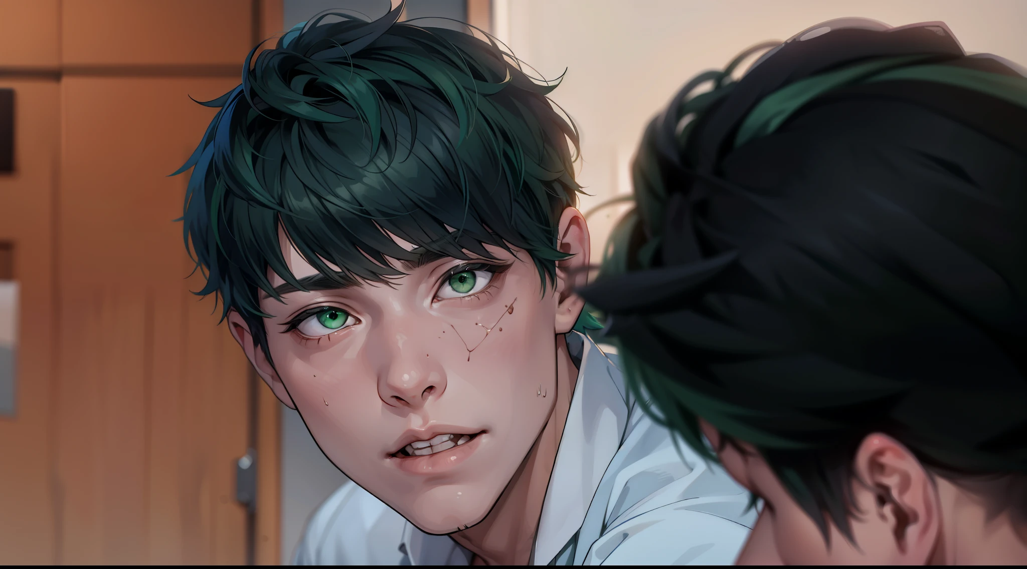 He has green hair he is ************ male green eyes he is talking to someone worried a little nervous a little scared