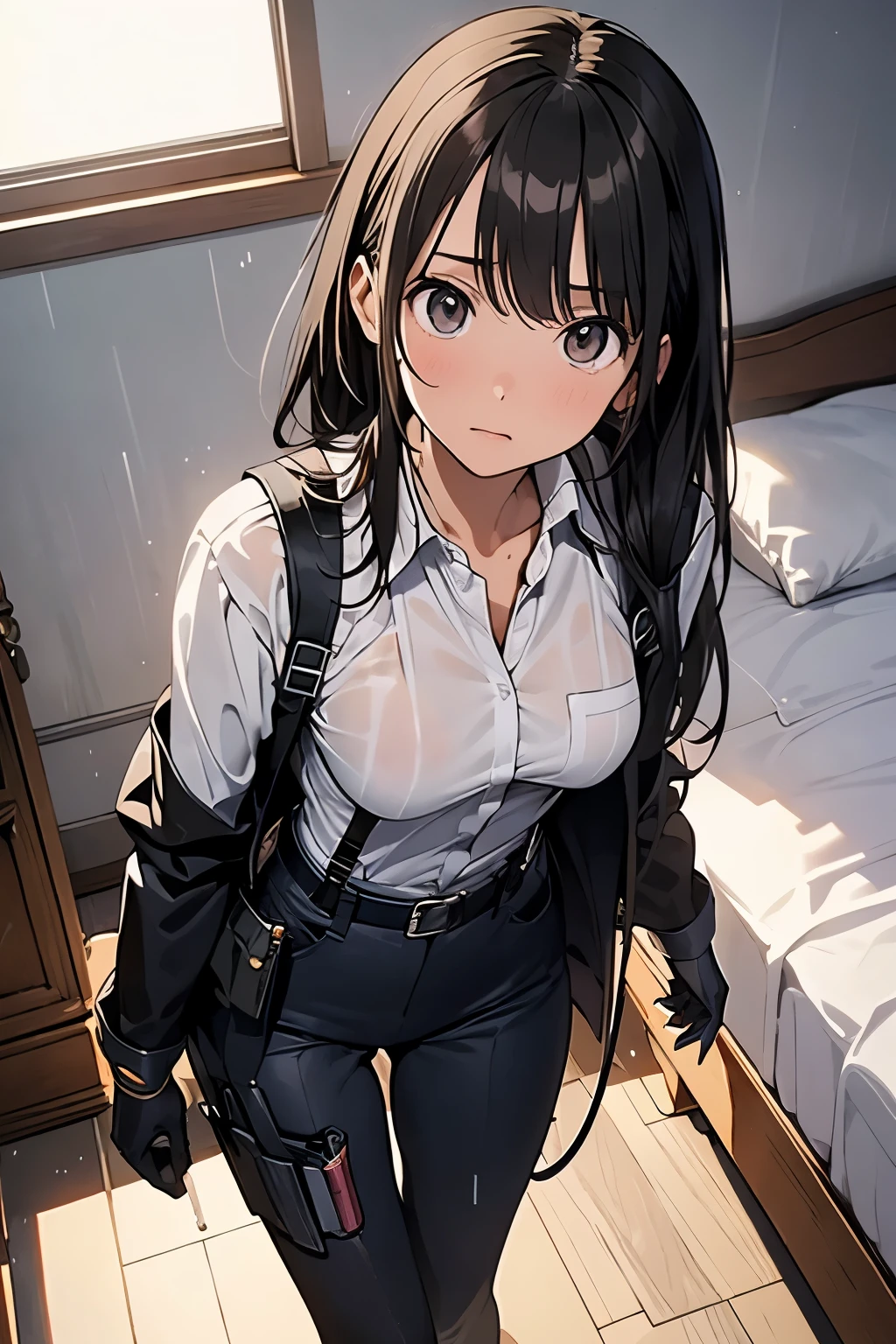 1 female, , high quality, masterpiece, Ultra-high resolution, , Cinema Lighting, , , And the suspenders with the cranes flying　　　Large Breasts　 　 　　　　Small face　 　　　holster　　　　　　　 Lying in bed　Looking up　　　　Sweat 　　　belt　summer　脇Sweat 　Black Hole Gloves　suit　shirt　　Black jacket　 Black trousers　Leg Links　ズボンにbelt　　holster　 　　Hands behind your back　 Anxious expression　Looking up　Anxious face, legs apart　Armament　Handgun　handcuffs　Cable ties　レッグholster　holster　See-through clothing　heavy rain　Getting wet in the rain