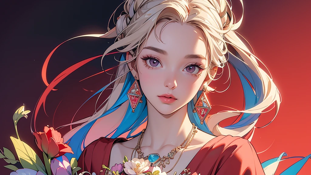 32K, 最高quality, 最高masterpiece, (ultra-Detailed Background, Detailed Background), High resolution, Super detailed, Very detailedな, One girl, (bouquet:1.3), (Tangled:1.2), (Geometric:1.2),(colorful),(masterpiece, quality, best quality, Official Art, Beautiful and beautiful:1.2), (1 girl:1.3), Very detailed,(colorful:1.1)(Flowers:1.3),Most detailed,(Tangled:1.2), whole body, (Abstract background:1.3), (Skin glows), (Many colors:1.4), ,(Earrings Jewelry:1.5), Pale Red Background,