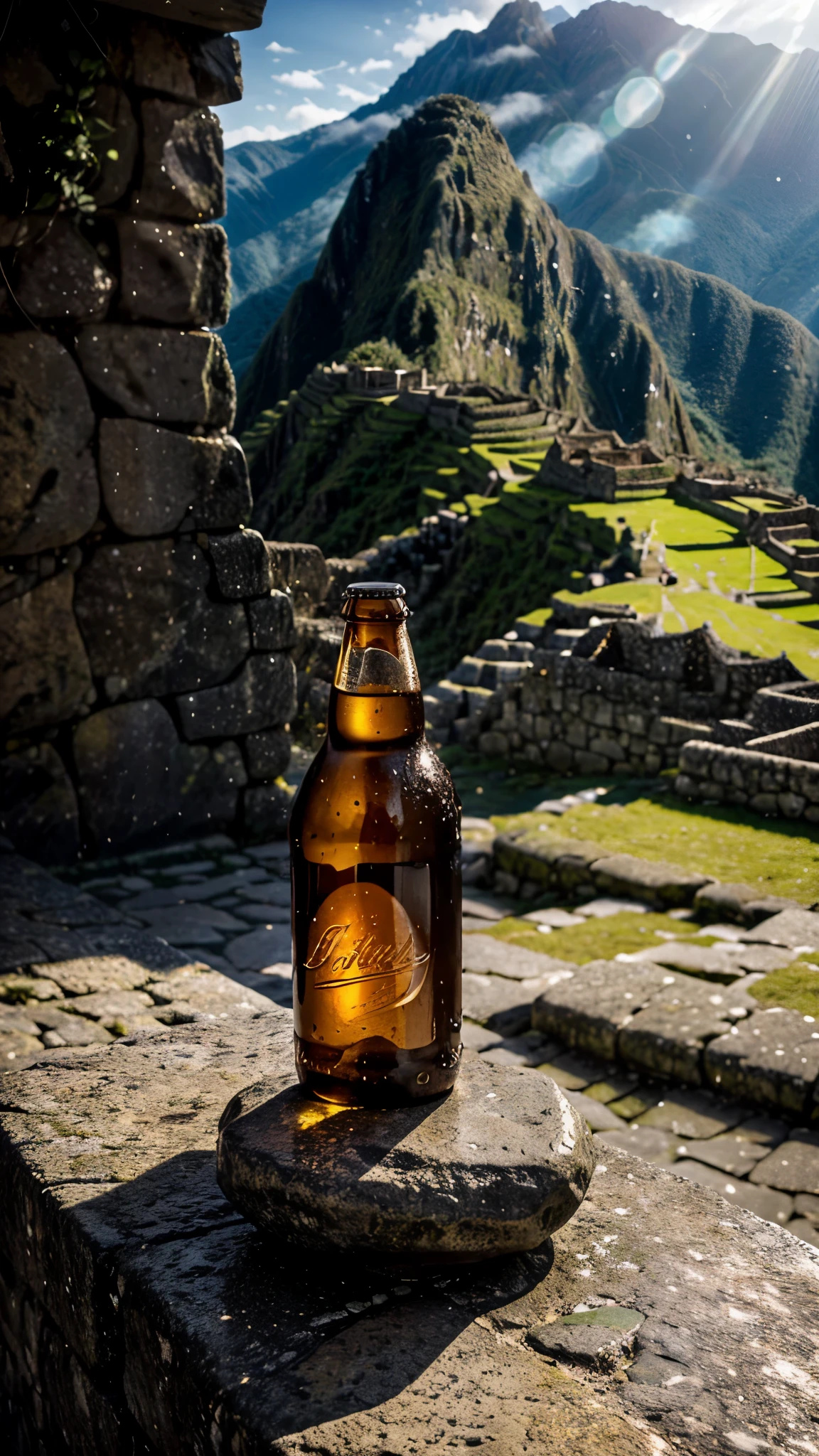 A breathtakingly close-up shot of a beer bottle perched atop a rugged stone wall, set against the majestic backdrop of Machu Picchu. The vibrant colors and warm natural light of the Inca citadel provide a stunning contrast to the sleek glass bottle, which seems almost incongruous amidst this ancient, mystical landscape. The camera's 24mm lens captures every detail with crystalline clarity, from the delicate condensation droplets on the bottle's surface to the intricate textures of the stone beneath. The dynamic pose of the beer bottle, seemingly poised in mid-air, adds a sense of movement and energy to the image. As the sun casts its golden light upon the scene, the surrounding architecture and foliage are bathed in a warm, cinematic glow. God rays dance across the landscape, illuminating every nook and cranny with an ethereal beauty. The reflection light on the glass bottle adds an extra layer of depth and dimensionality to the image. Shot with the exceptional Canon R5 camera and pair, close-up