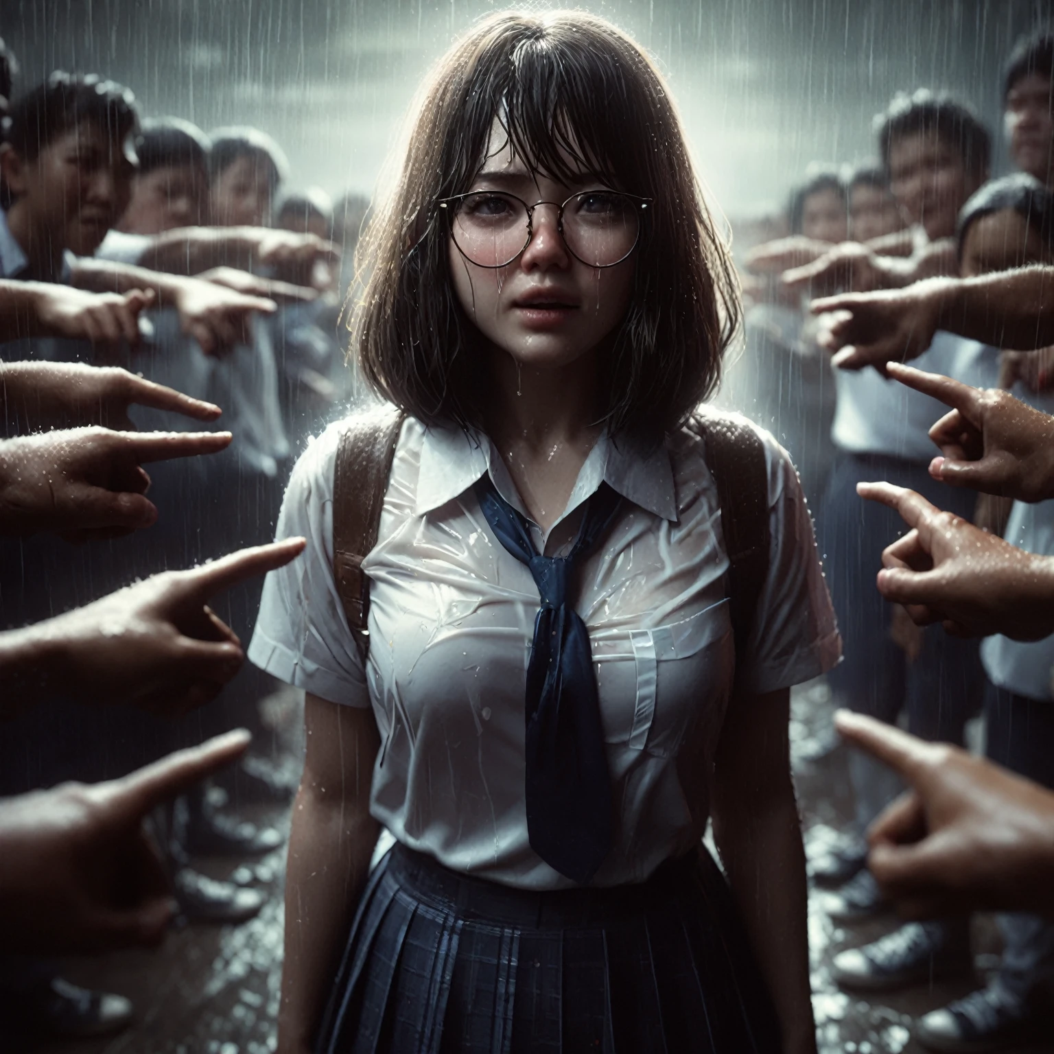 there is a woman standing in a crowd of people with her hands in the air, hyperrealistic , a hyperrealistic , cinematic. by leng jun, cinematic photograph concept art, artwork in the style of guweiz, wojtek fus, by Rudy Siswanto, cinematic realistic photo, 3 d anime realistic, realistic anime 3 d style