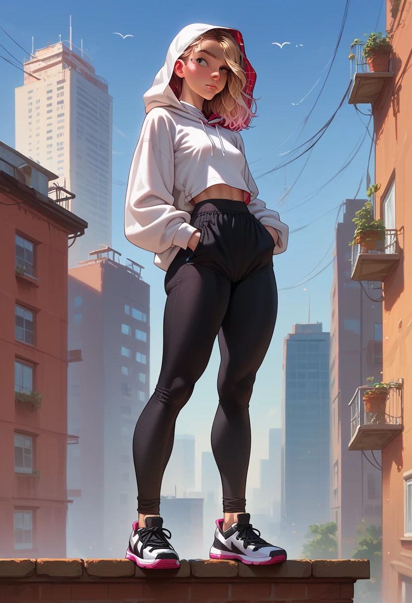 1girl, 18 years old, gwen stacy, small breasts,bigger hips, big ass, gray eyes, blondie hair, long hair, detailing face, detailing body, athletic body, white long hoodie, oversized hoodie, black yoga pants, white sneakers, in spider gwen mask, fingerings gloves, front view, standing, look ahead, roof, new york, night
