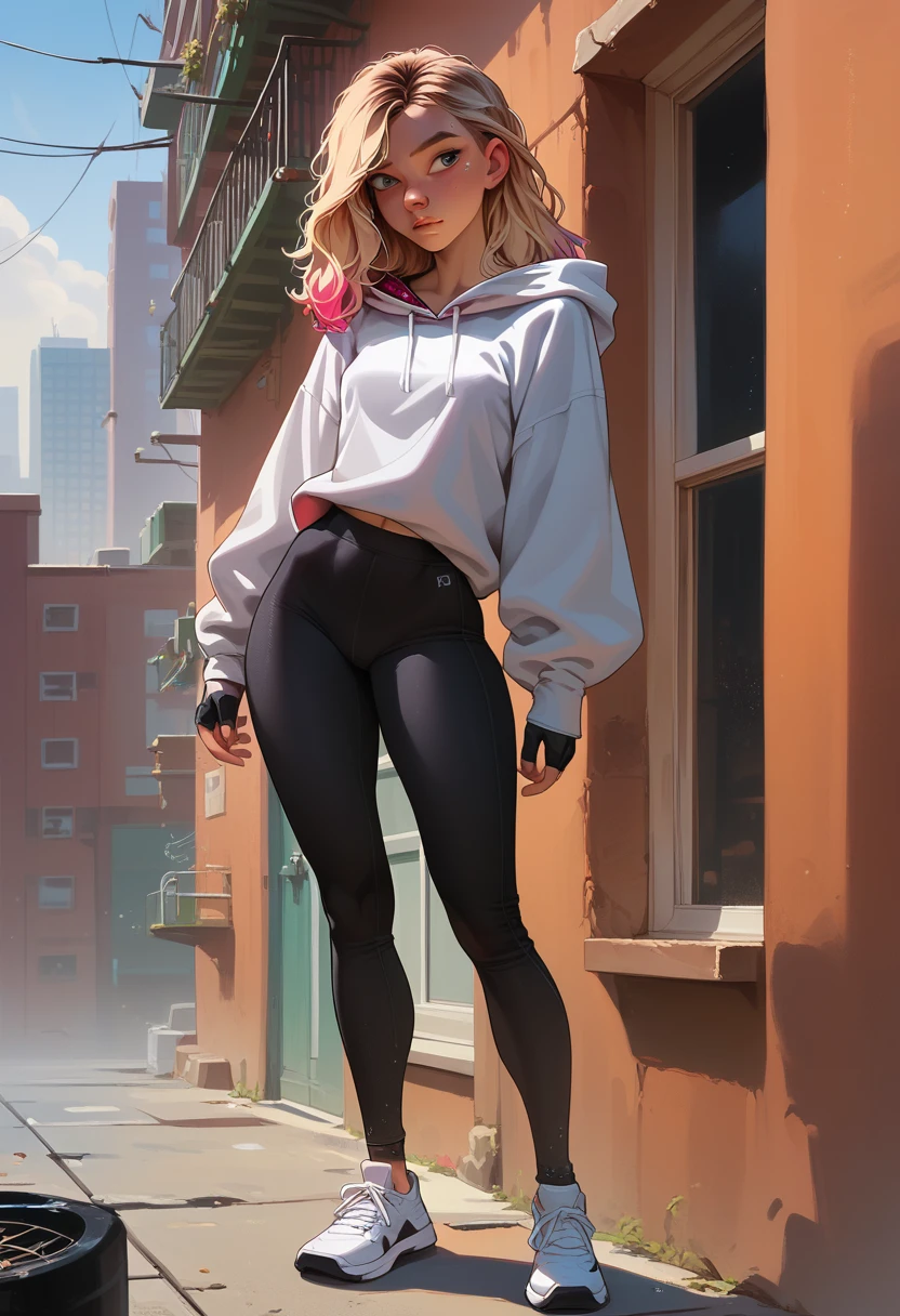 1girl, 18 years old, gwen stacy, small breasts,bigger hips, big ass, gray eyes, blondie hair, long hair, detailing face, detailing body, athletic body, white long hoodie, oversized hoodie, black yoga pants, white sneakers, in spider gwen mask, fingerings gloves, front view, standing, look ahead, roof, new york, night