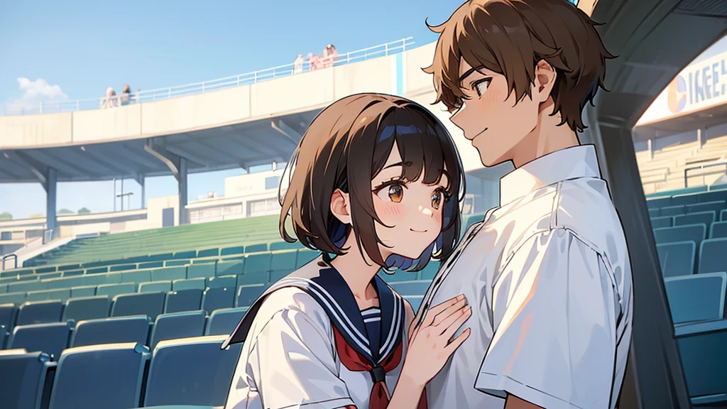 The background is the seats at an outdoor baseball stadium in midsummer.、Upper body of a duo of a man and a woman wearing summer sailor uniforms2shot。The first person is a woman who is short, , cute, has light brown hair, and straight bangs.。The second man is tall with short black hair.。Both of them are looking at me with big smiles and making cute poses.。There is a height difference between men and women, with men being taller。