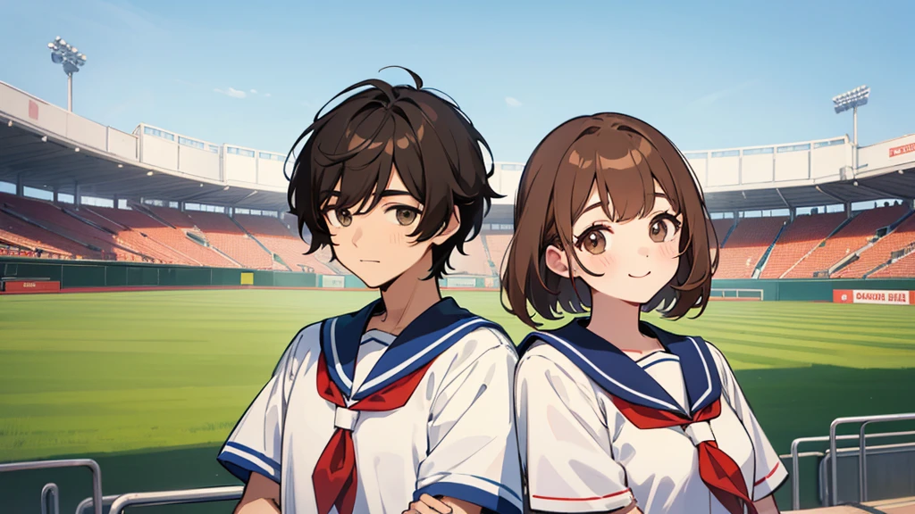 The background is the seats at an outdoor baseball stadium in midsummer.、Upper body of a duo of a man and a woman wearing summer sailor uniforms2shot。The first person is a woman who is short, , cute, has light brown hair, and straight bangs.。The second man is tall with short black hair.。Both of them are looking at me with big smiles and making cute poses.。There is a height difference between men and women, with men being taller。