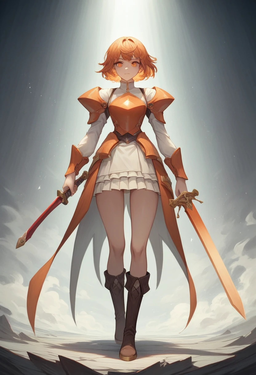 a girl with orange medium hair, holding a sword in her right hand, wearing a white breastplate, a brown mini skirt, and boots of clove dye color, with orange eyes, attempting to slash (best quality,4k,8k,highres,masterpiece:1.2),ultra-detailed,(realistic,photorealistic,photo-realistic:1.37),intricate details,highly detailed face,beautiful detailed eyes,beautiful detailed lips,extremely detailed eyes and face,long eyelashes,fantasy,digital painting,concept art,cinematic lighting,dramatic lighting,warm color tones,vibrant colors