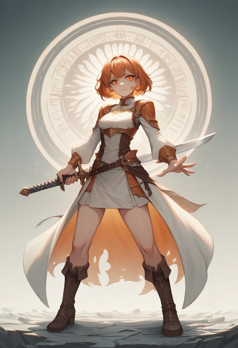 a girl with orange medium hair, holding a sword in her right hand, wearing a white breastplate, a brown mini skirt, and boots of clove dye color, with orange eyes, attempting to slash (best quality,4k,8k,highres,masterpiece:1.2),ultra-detailed,(realistic,photorealistic,photo-realistic:1.37),intricate details,highly detailed face,beautiful detailed eyes,beautiful detailed lips,extremely detailed eyes and face,long eyelashes,fantasy,digital painting,concept art,cinematic lighting,dramatic lighting,warm color tones,vibrant colors