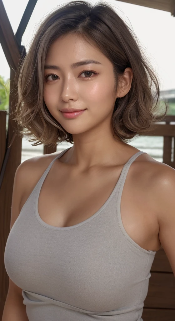 ((Highest quality、8k、masterpiece:1.3))、Sharp focus:1.2、Woman with muscular body:1.4、Colored eyes、((Sunburnした肌:1.5))、((Ash color hair:1.15))、((Silver Hair:1.2))、((Colorful Hair))、((Highlight Color:1.15))、((Twist perm))、Wild hairstyles、Keep your arms down、Slim abdomen:1.2、((Huge boobs:1.2))、Wet body:1.1、HVery detailed facial and skin texture、 Detailed eyes、double eyelid、Sunburnした肌、Sunburn、Sweatで濡れた肌、One Girl, Intricate details, Cinematic feel, 8k, Very detailed、(Realistic、Realistic:1.37)、Very detailedな、Highest quality、Realistic、Very delicate and beautiful、RAW Photos、((Professional Lighting))、Facial Lighting、Written boundary depth、(Muscular and healthy)、Small Head、expensive、((Beautiful Eyes))、Lively Faces、True Face、 Beautiful Eyes、(Fashionable hairstyles:1.35)、audience、((cheerful japanese woman))、Desporti Smile:1.15)、(Mouth closed)、美しくてBeautiful Eyes、Healthy Body、Dark Skin、Sweat、The chest is exposed、Cleavage、Panty shot、Volleyball Player