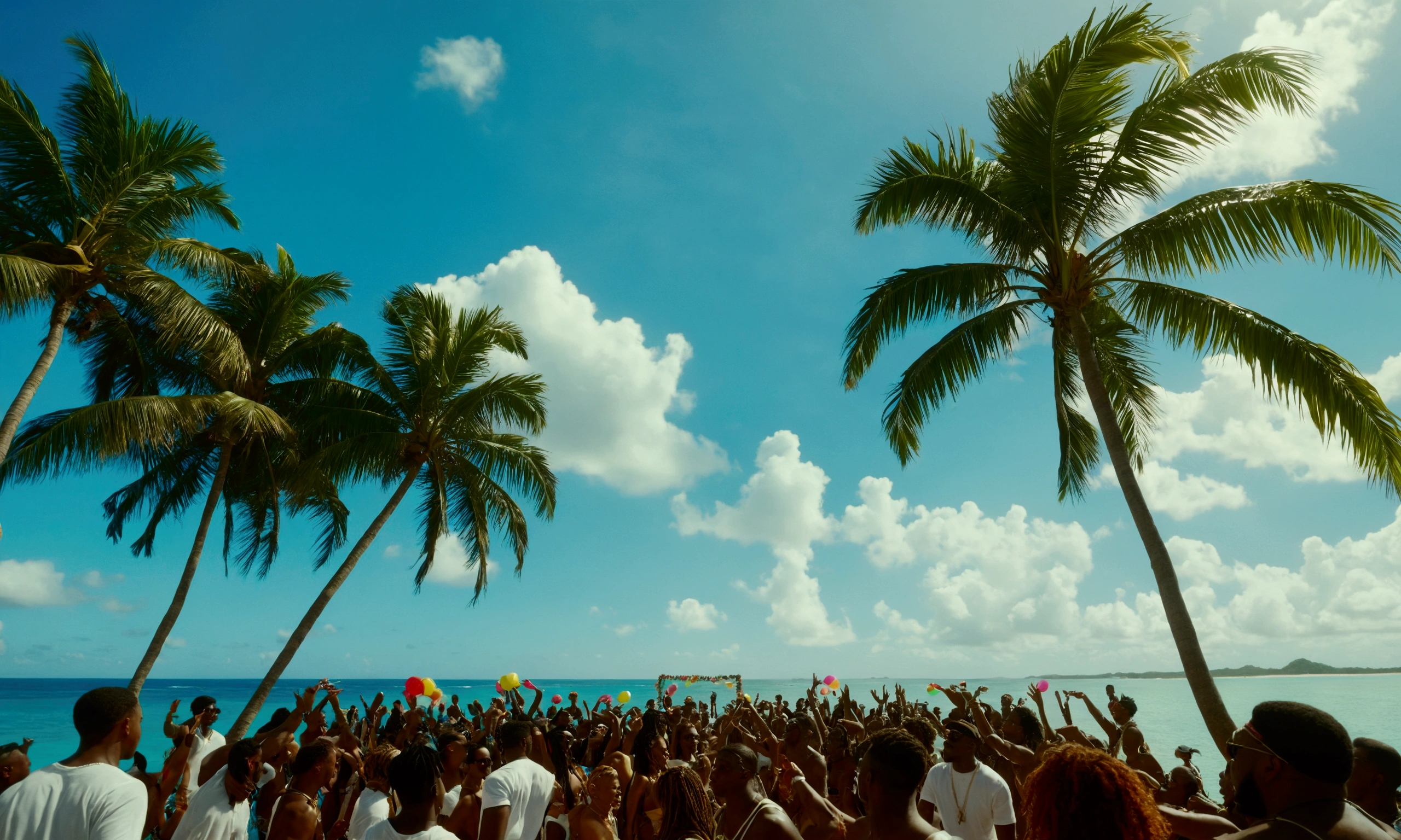 cinematic scene, shot of the sky at a beach party on a beautiful sunny day in a tropical island coast , rap ghetto vibe , shot tilt up