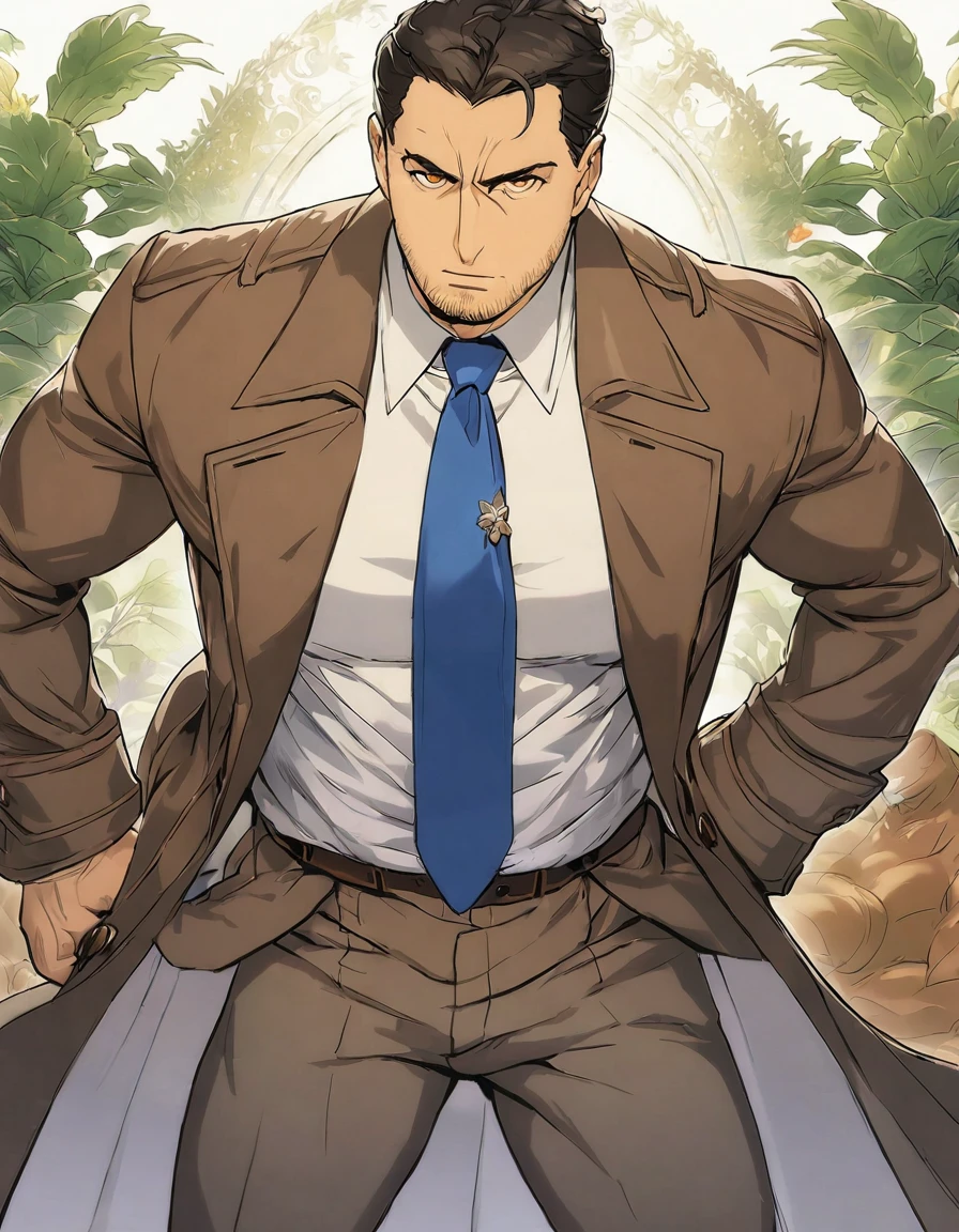 1man, veteran mature detective, muscular mature, big nose, wavy slicked back spiked hair, yellow brown hair, shihaku, brown eyes, stubble, dandy, virile, square shaped, large eyes, ugly, rough skin, facial wrinkles, ideal ratio body proportions, ordinaly, cute uncle, beautiful detailed eyes, 40yo, BREAK solo, white collared shirt, blue necktie, trench coat, dark worn-out suit, BREAK dandy posing, upperlegs, character image shot, in isekai style, 2000s, anime concept art, extreme all detailed, masterpiece, best quality
