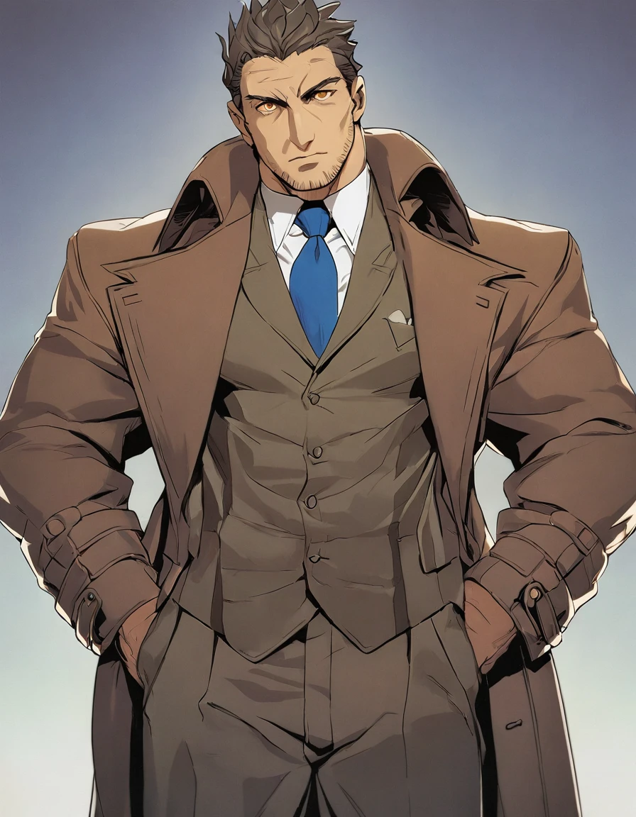 1man, veteran mature detective, muscular mature, big nose, wavy slicked back spiked hair, yellow brown hair, shihaku, brown eyes, stubble, dandy, virile, square shaped, large eyes, ugly, rough skin, facial wrinkles, ideal ratio body proportions, ordinaly, cute uncle, beautiful detailed eyes, 40yo, BREAK solo, white collared shirt, blue necktie, trench coat, dark worn-out suit, BREAK dandy posing, upperlegs, character image shot, in isekai style, 2000s, anime concept art, extreme all detailed, masterpiece, best quality