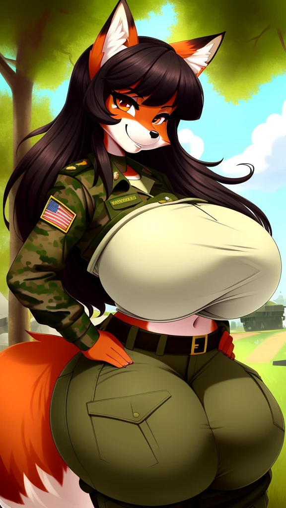 ((military pants)) ((military shirt))((furry)) ((fox girl)) ((big boobies)) ((big buttocks)) ((big dark hair)) ((sensuality for the viewer)) fox girl no campo de treinamento de paintball sem o capacete com olhar sexy para o visualizador 