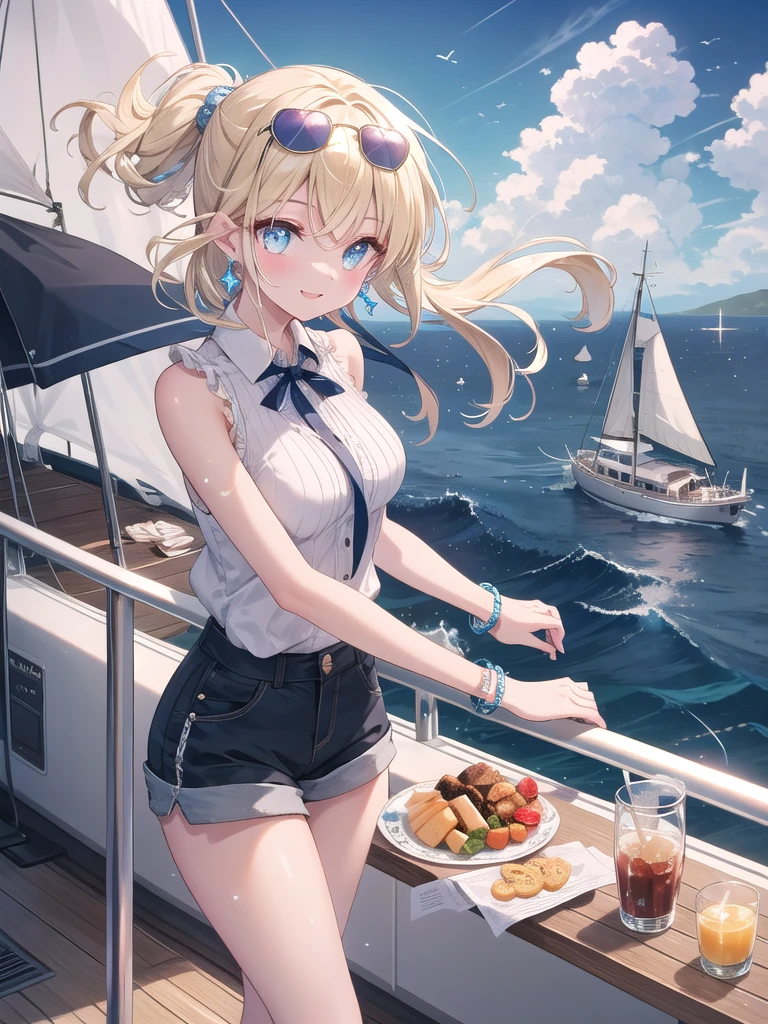 ((8k, best quality, master piece: 1.3)),super high resolution,(1 girl, solo), (colorshift eyes, hyperdetailed, expressive sparkling, glitter, glowing eyes), ultra detailed eyes, ultra-detailed face, random hair, ((pastel color)),A woman on a yacht. The background is a vast blue ocean and a clear blue sky, with white clouds floating in the distance. The sun is high in the sky, and the bright light reflects off the surface of the sea, making it sparkle. The yacht has a luxurious design based on white, and the deck is equipped with wooden railings and modern seats, creating a sophisticated atmosphere.

The woman is standing on the deck of the yacht, smiling happily as she feels the breeze. Her outfit is a summery marine style, with a white sleeveless top and navy shorts. The top has a simple yet elegant design, and the shorts are made of a light material that is easy to move in. She is wearing white deck shoes, completing the marine style.

Her hair is shoulder-length, and her light blonde hair is blowing in the wind. Her hair is naturally straight and shines in the sunlight. She is wearing large sunglasses on her face, and her expression is relaxed. Her makeup is natural, and she has a healthy tan. Small silver earrings sparkle in her ears, and a simple silver bracelet is wrapped around her wrist.

She holds on lightly to the railing of the yacht with one hand and spreads her other hand out to feel the breeze. Behind her, the yacht's white sails are spread out and billowing in the wind. There is a small table on the deck with sunscreen, sunglasses, and snacks, and it appears that she is enjoying her time out at sea.

The angle of the shot is set so that her entire body is visible, with the vast blue sea and sky in the background. The yacht's deck and sails, her clothing, accessories, and the movement of her hair are depicted in detail, conveying an overall refreshing summer atmosphere and her joyful demeanor.