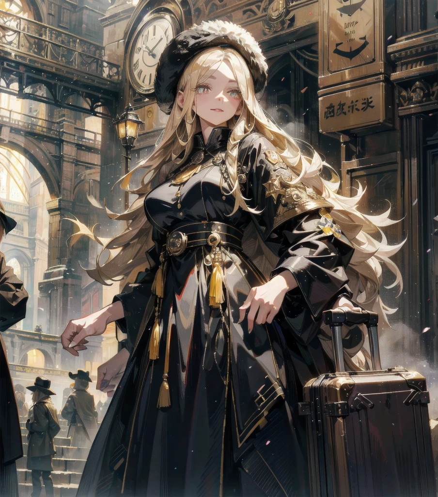maetel, long hair, blonde hair,fur trim, black headwear, fur hat, dress,(cowboy shot:1.1), yellow eyes, (luggage:1.1), steam (train station:1.1),station platform,  night, galaxy,999
best quality, highly detailed, masterpiece, absurdres,8k,   (detailed eyes, deep eyes),photorealistic, realistic,detailed skin texture, detailed pupils,HDR,
1woman,(happy:1.1),smile, (angular face:1.2),shiny face,large breasts, (narrow waist:1.1), lip makeup,long eyelashes