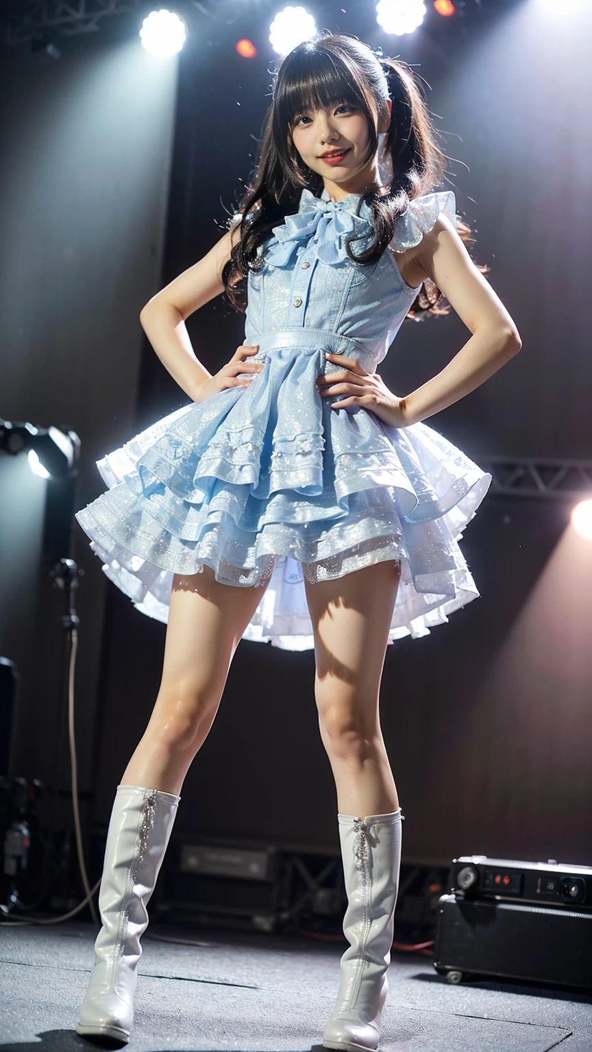 (8k、RAW Photos、Highest quality、masterpiece:1.2)、(Realistic、Realistic)、1 Girl、((See-through dress、light blue、smile、mini skirt、Dark Stage、Exposed Skin、whole body、boots、View from the front、Looking at the camera、Stand with hands on hips))、cute