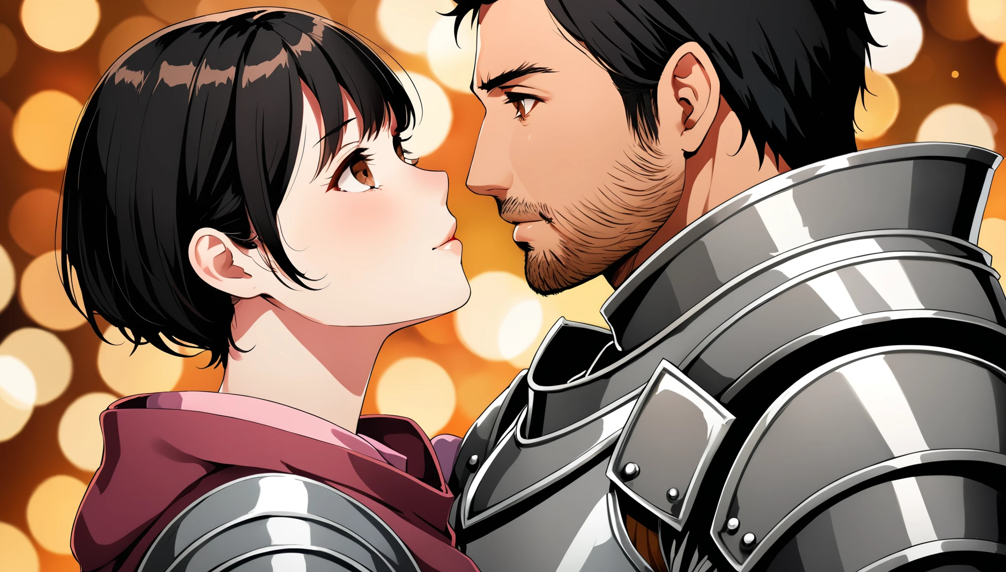 8K, RAW, best quality, masterpiece, ultra high res, colorful, portrait, (medium wide shot), (dynamic perspective), sharp focus , (depth of field, bokeh:1.3), extremely detailed eyes and face, beautiful detailed eyes,
couple, hugs, kissing,
(1man, Human, Knight, armor, muscular, stubble, short black hair, brown eyes:1.75), ||
(1girl, Japanese, Oni, horns, red skin, black top, long black hair, red eyes:1.75), 
near campfire, forest background, dark forest, night time