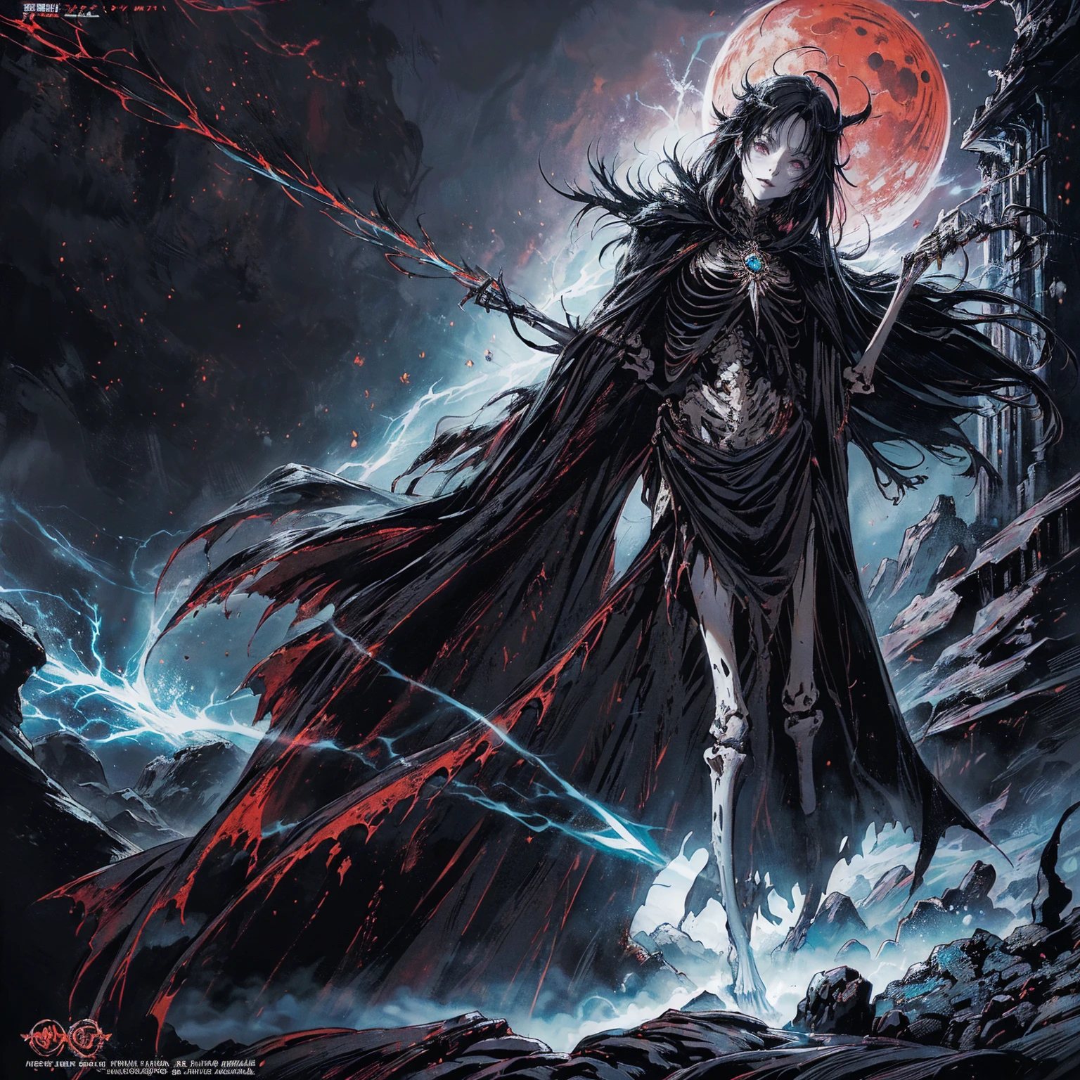 (full body shot:1.5), (Wide-angle lens:1.2), (black hair:1.5), best quality, 4K, high resolution, (masterpiece:1.2), Very detailed, (current:1.37), (Anatomically correct:1.2), Mood lighting, Undead girl in a long cloak, (Torso and limb is skeleton bone but head is still beautiful human face:1.2), Wearing a tattered gothic skirt, A sense of alienation, Dangerous sneer, Smiling and crying, Dark Force (StarWar), Force lightning radiates from fingertips, Facing the camera, Pitch black sky, Blood red moon, strange atmosphere, Gothic style, Unforgettable beauty, Dramatic shadows, Ethereal Light, Mysterious atmosphere, Resurrection from the grave, The Black Magic, Dead, Anime characters with black hair, Detailed cover design, Anime epic artwork, detailed key anime art, Be focused, dark fantasy artwork, Anime Fantasy Artwork, Official artwork with high detail, Dark Witch Panorama, Lich Vecna (d&d)