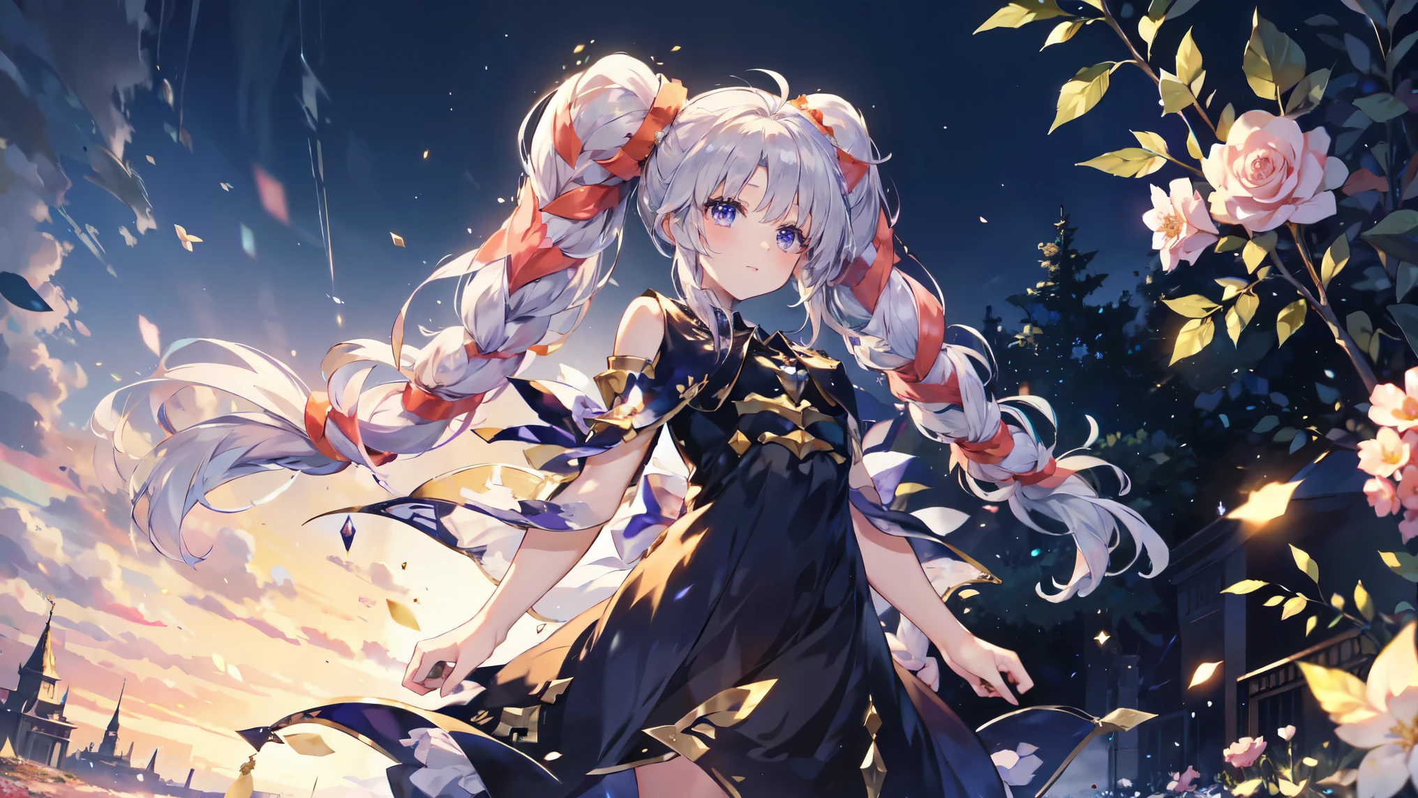 Highest quality, Very detailed, beautiful, Exquisite, 16K, Full HD,(garden,Please 寝る on your side),((Sparkly and soft layered dress)),A large and beautiful dress inspired by rose flowers,Flower storm,Frills,(Art Station, Fantasy art:1.2), pastel colour、Gradient Hair, tiara,anklet,Purple eyes, Long eyelashes, beautiful ,Pale pink cheeks,Golden Hour, Dazzling Light, Warm lighting,Bright light,Romantic light,tiaraを身につける,Twin tails