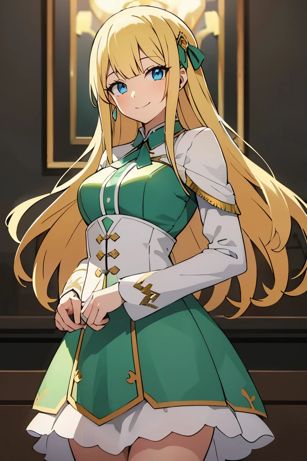 Safe for work, masterpiece, best quality, solo, 1 girl, (young female body:1.4), (medium small breasts), golden yellow hair, extra long hair, blunt bangs, crystal blue eyes, very detailed eyes, smiling, cute girl, cowboy shot, detailed eyes, dark green outfit, white details, green griffin style dress, green and white dress, flared dress, stockings, long sleeves, white corset, museum background, 