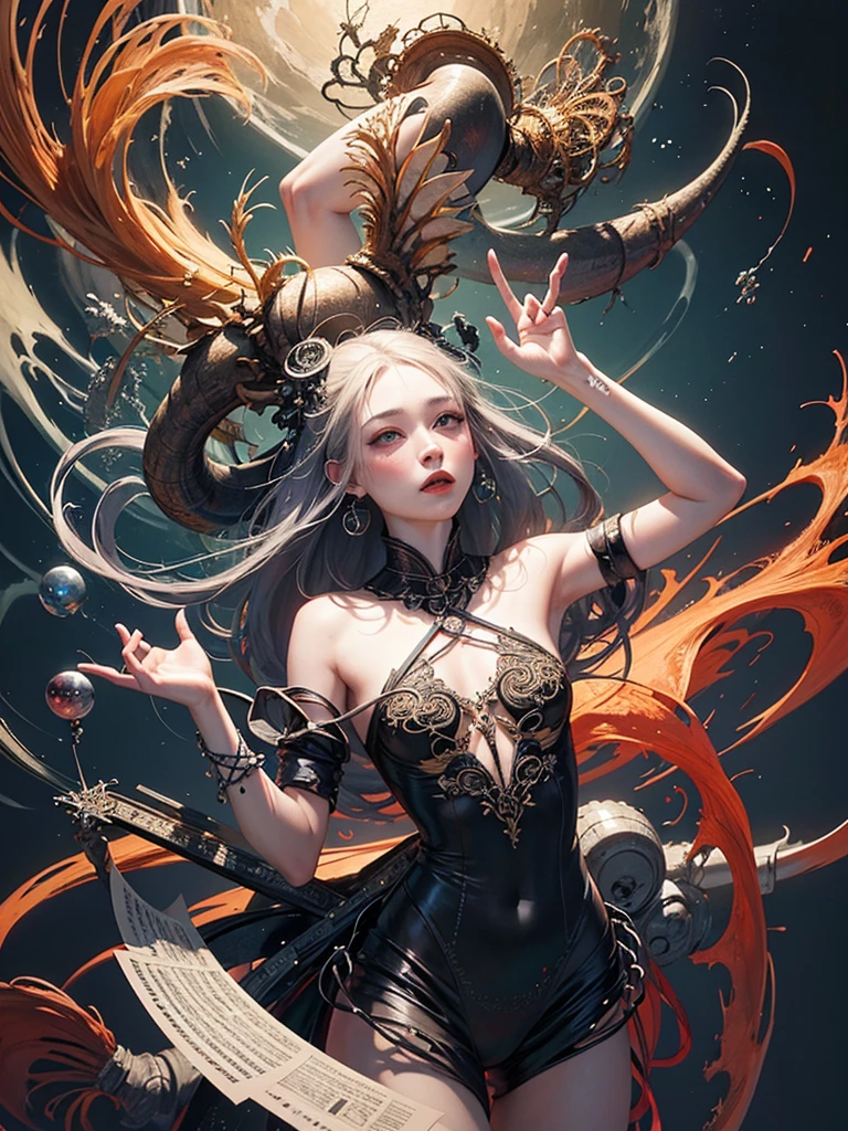 official art, unity 8k wallpaper, ultra detailed, beautiful and aesthetic, masterpiece, best quality, (zentangle, mandala, tangle, entangle), (fractal art:1.3) , 1girl, extremely detailed, dynamic angle, cowboyshot, the most beautiful form of chaos, elegant, a brutalist designed, vivid colours, romanticism, by james jean, roby dwi antono, ross tran, francis bacon, michal mraz, adrian ghenie, petra cortright, gerhard richter, takato yamamoto, ashley wood, atmospheric, ecstasy of musical notes, streaming musical notes visible