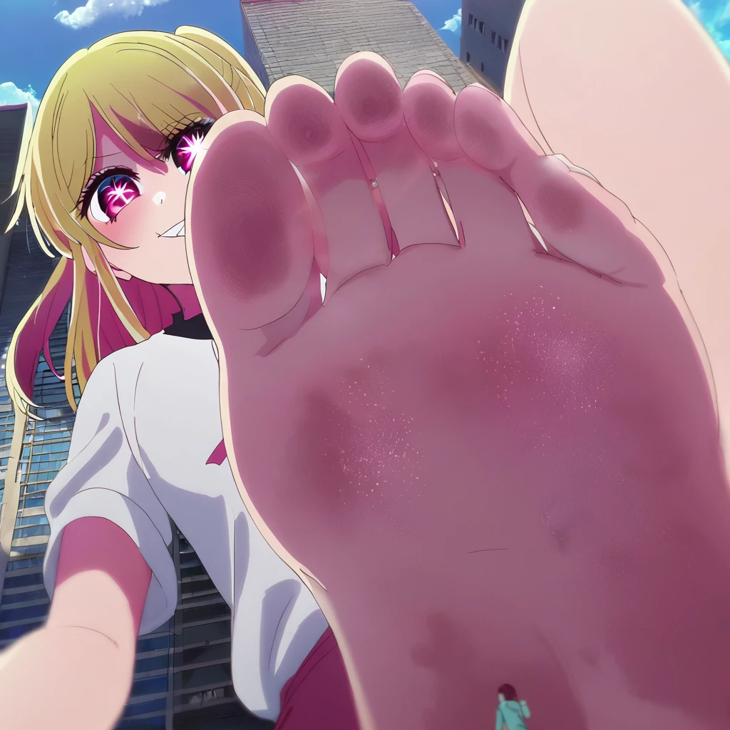 1 girl, oshi no ko, ruby hoshino, stepping, stepped on, pov, angle from above, no shoes, feet, looking down, toes, one foot out of frame, leg lift, foot focus, barefoot, standing on one leg,  depth of field, outdoors,( foreshortening:1.2), facial blur, blurry face, building, city, sky, cloud, giantess, mega size, masterpiece, best quality, absurdres, ultra detailed, grinning, blonde, evil sadistic yandere glare, 6 pointed star pupil on right eye, five toes, detailed star pupil, full body shown, stinky feet, extremely dirty feet, detailed dirty feet, detailed full body, crushing a city with bare foot, a panel of her laughing at the side, 5 toes only, high quality, not out of frame, detailed eyes, the shape of a perfect foot, the shape of perfect legs, perfect body shape, 5 fingers