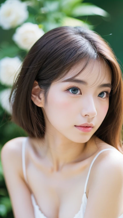 lens: 135mm f1.8, (Highest quality), (Beautiful 22 year old Japanese girl), (Moisturized lips), Narrow eyes, double eyelid, Delicate clavicle, Flat Chest , I'm ashamed of my smallness, Underdeveloped breasts, smile, (Spotted sunlight: 1.2), Professional Lighting, (Petite figure), (Sunburned skin: 0.2), Full body photo, Full Body Focus, (Kneel)、A proper honor student、Slender body、(Navy blue blazer uniform:1.5)、Boyish super short hair、Stylish white bedroom、Ribbon on chest、Sweep all your hair back, A woman is giving a blowjob to a man's crotch