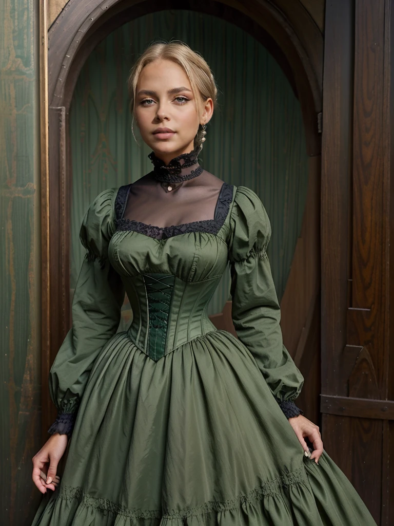 Foto hiperrealista en primer plano de 20 years old Maria Bello, Create dystopian masterpieces, victorian era clothing, rich dress, wearing a Victorian-era dress with long-sleeves, green dress, victorian saloon, beautiful woman, skinny, small breasts, straight blond hair, detailed face, smile smile, photo taken from a distance, age 20 tears old