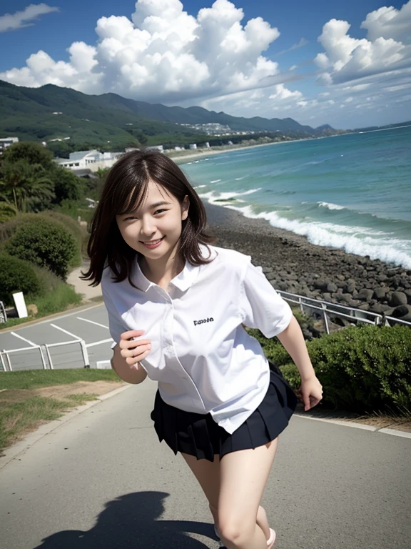 １８Year old girl、A uniform skirt fluttering in the wind、Beautiful feet、Big ample breasts、smile、White shirt、Wide open chest、（Butt）、short hair、 information、coastal、Cloud、